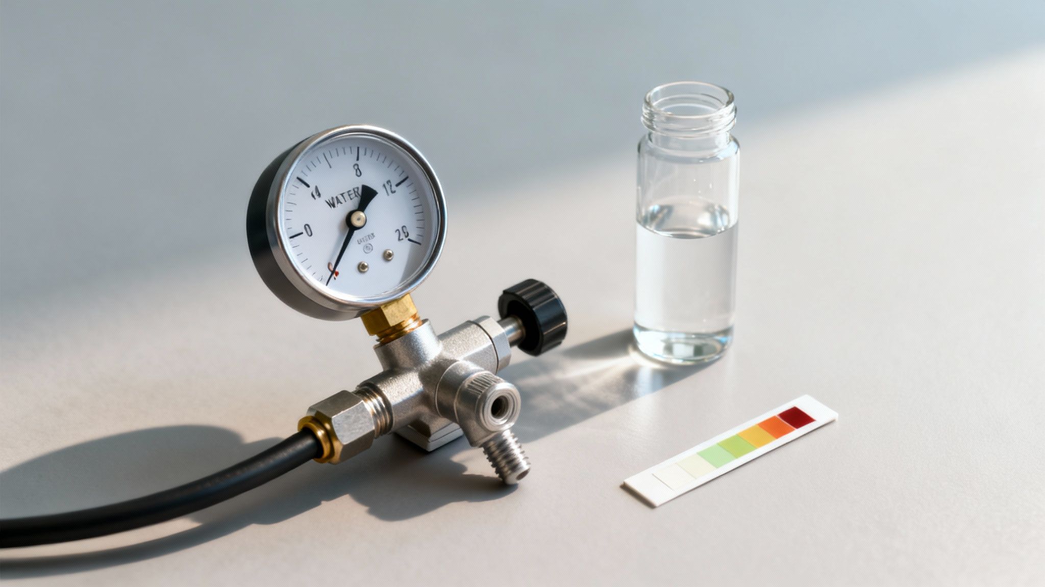Built to Last: 5 Mistakes to Avoid When Replacing a Water Line in 2026 3 A water pressure gauge, a vial of clear water, and a pH test strip for water quality.