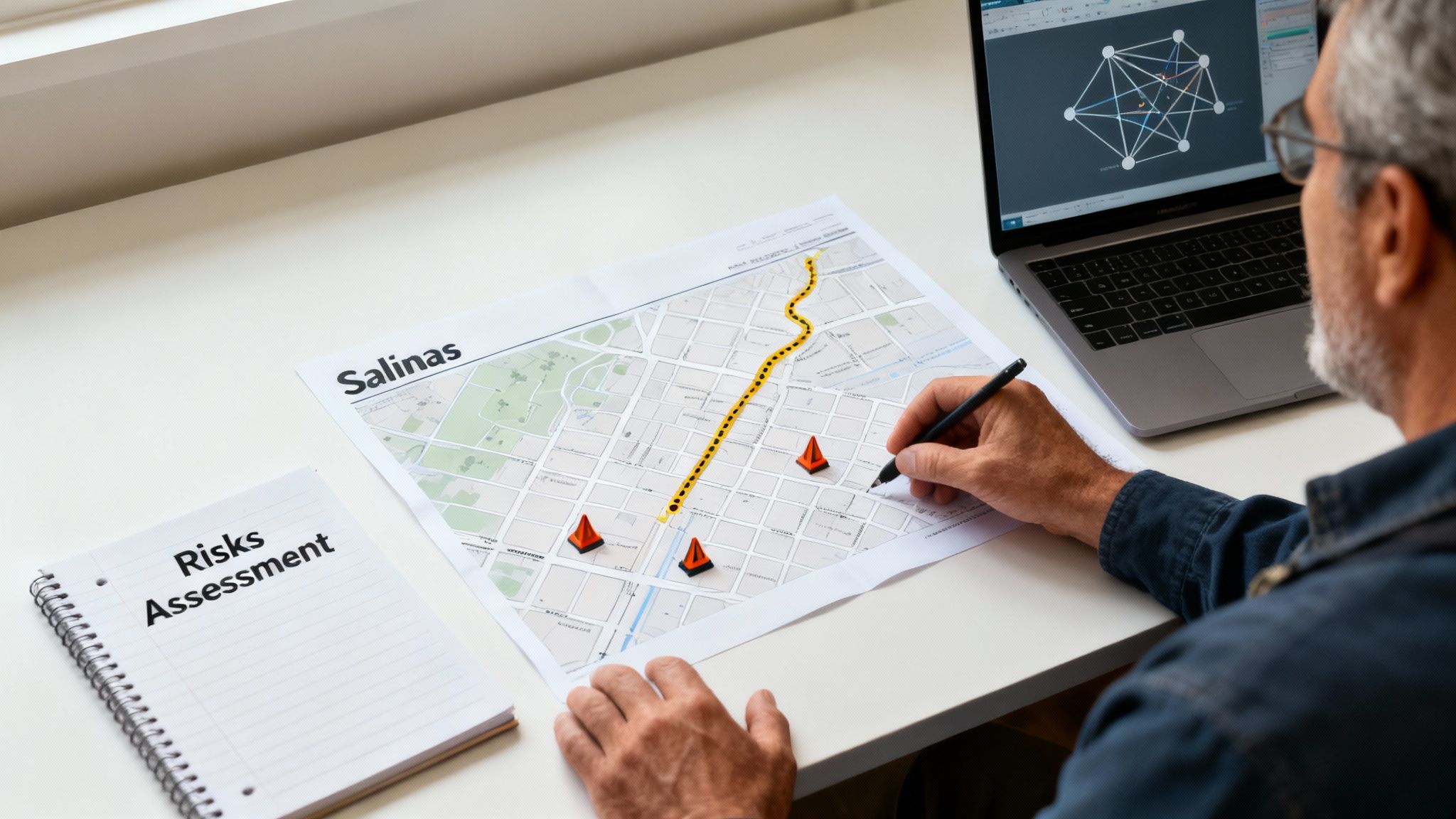A team of IT professionals collaborating and assessing risks on a whiteboard with network diagrams.