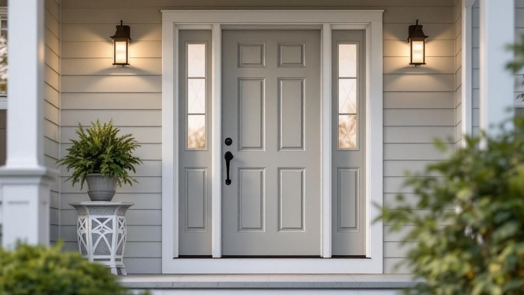 A modern, dark-colored front entry door with glass panels, enhancing the home's curb appeal.