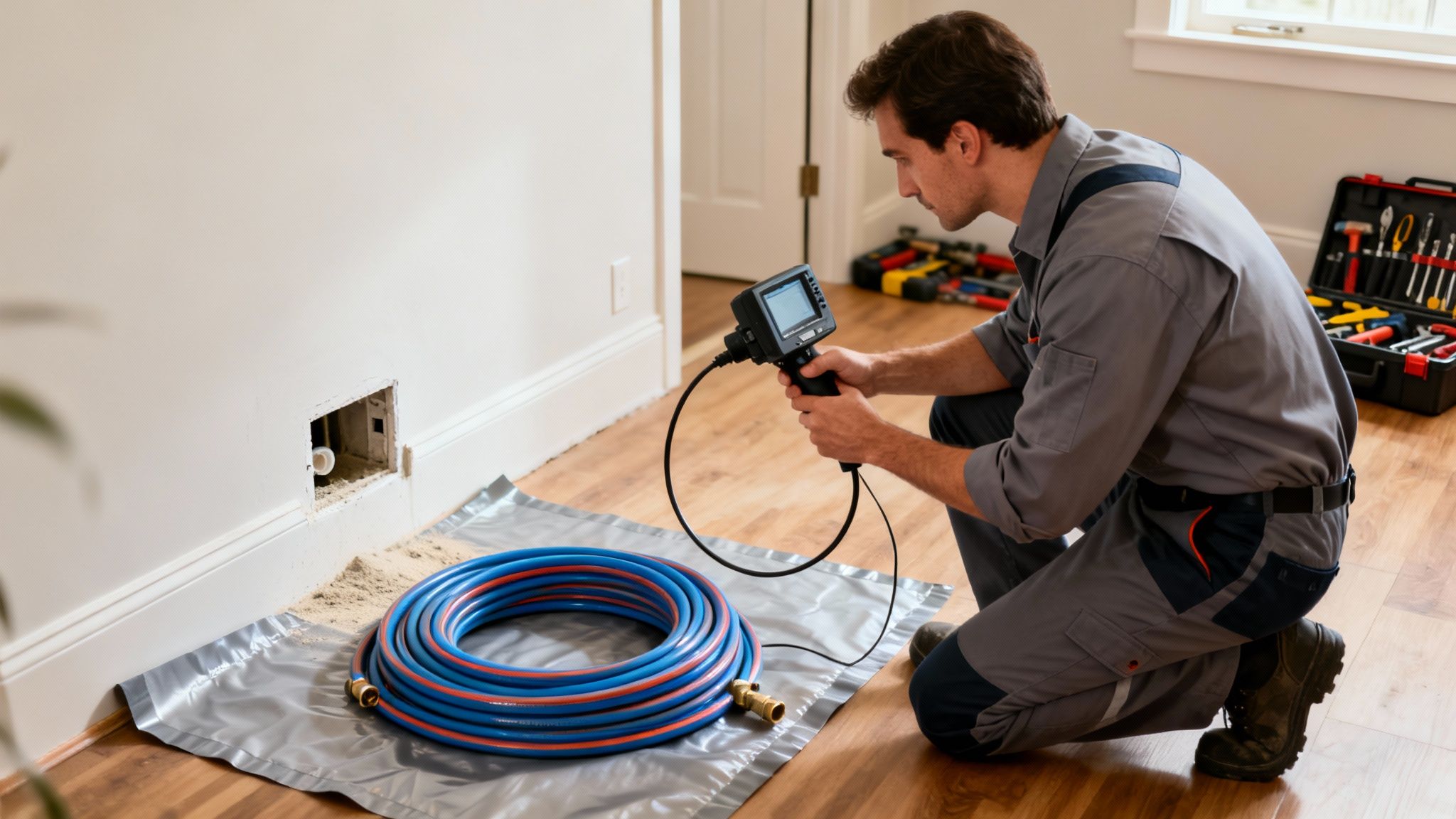 A technician inspects a hidden pipe in a wall using a specialized video camera and tools.