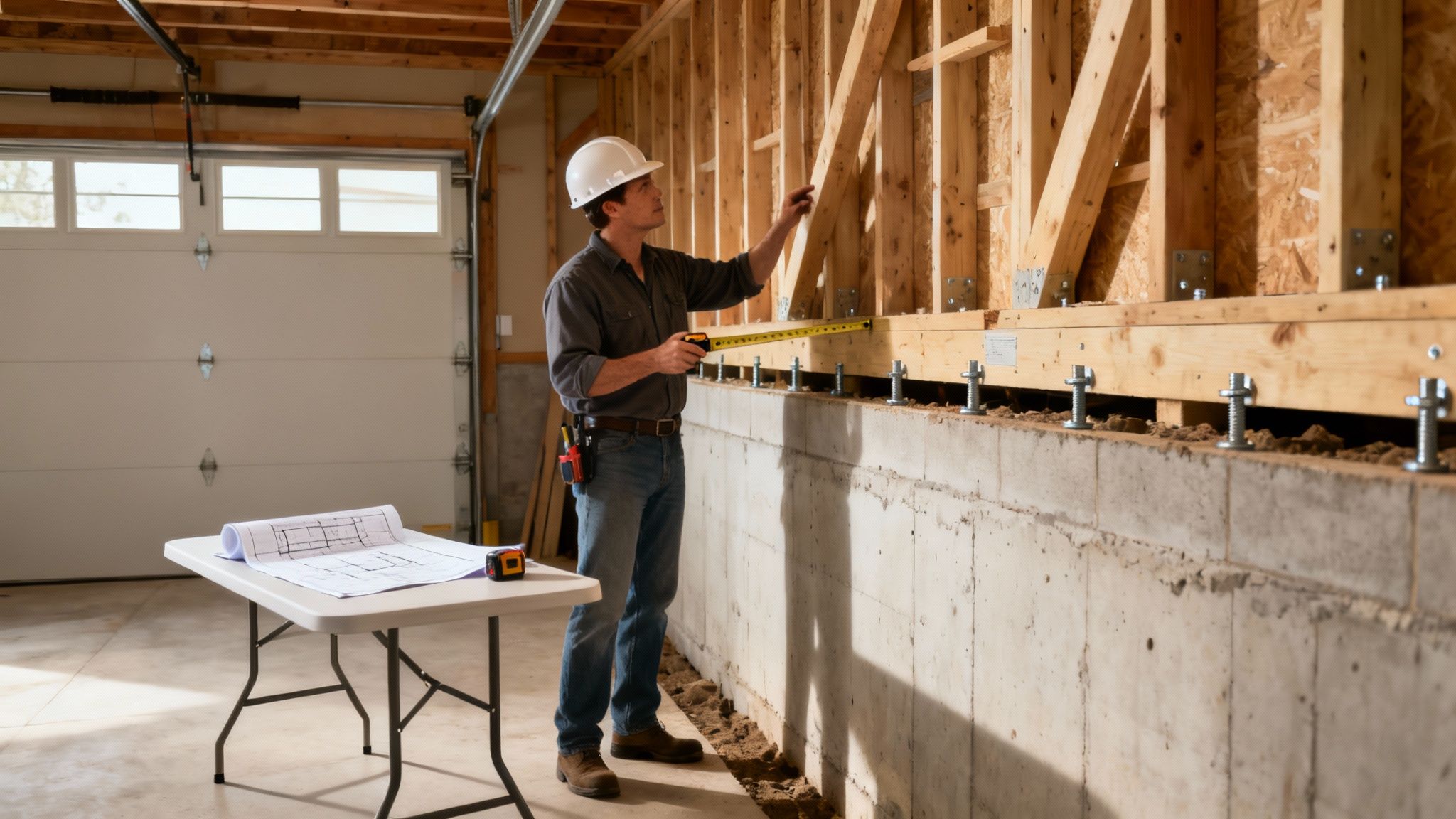 A blueprint and hard hat on a wooden table, representing the planning and structural assessment phase of a second-story addition.