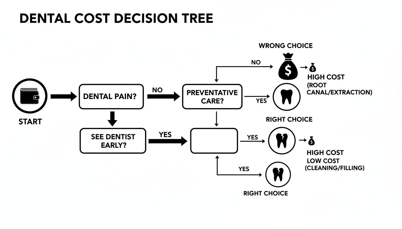 Decision tree illustrating dental costs based on pain, preventative care, and timely dentist visits.