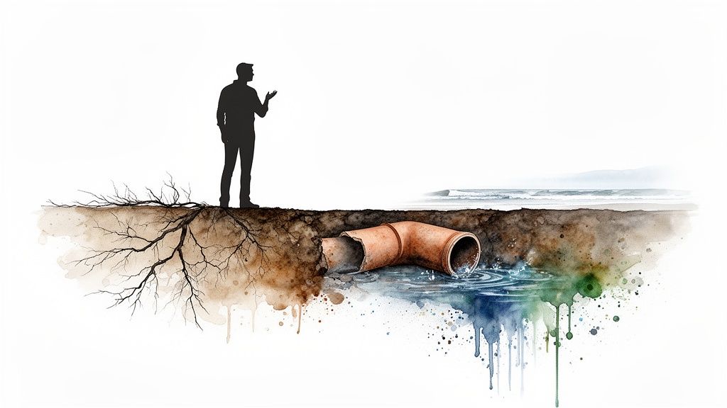 A silhouette stands above ground, observing a broken pipe leaking polluted water towards the sea.