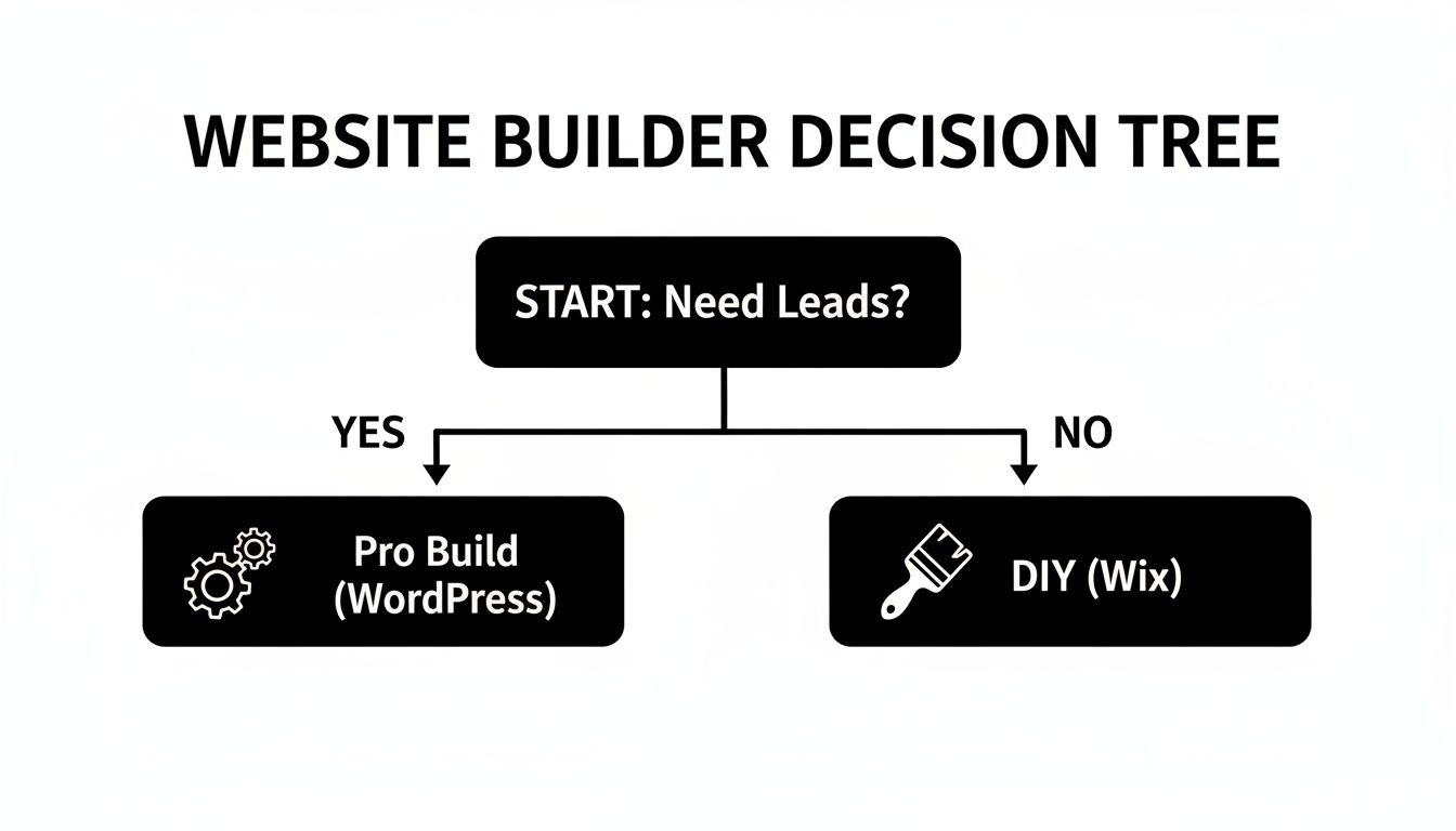 Decision tree flowchart showing website builder options based on lead generation needs.
