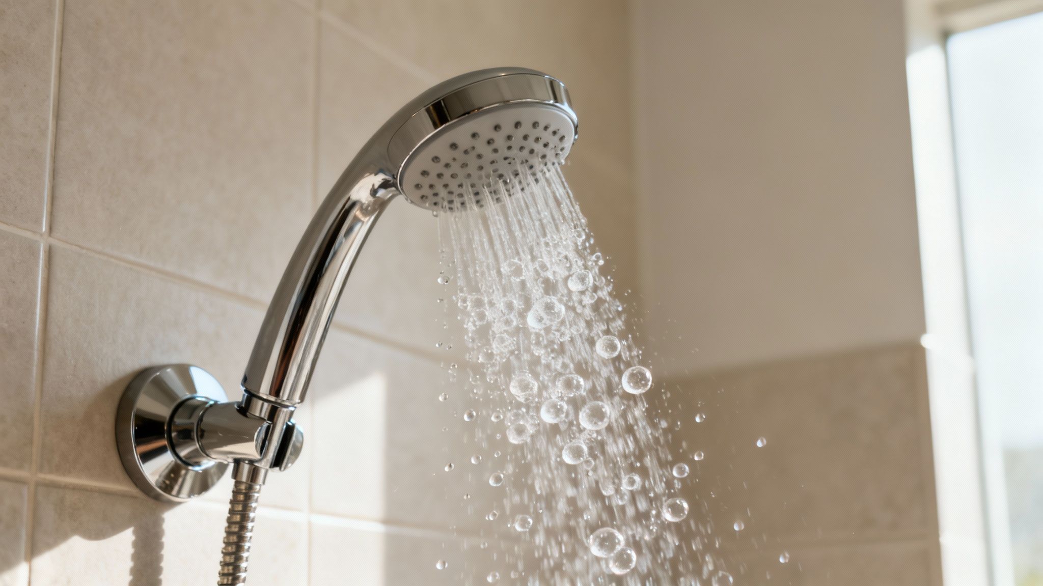 A shiny chrome shower head spraying water with visible bubbles against light tiled walls.