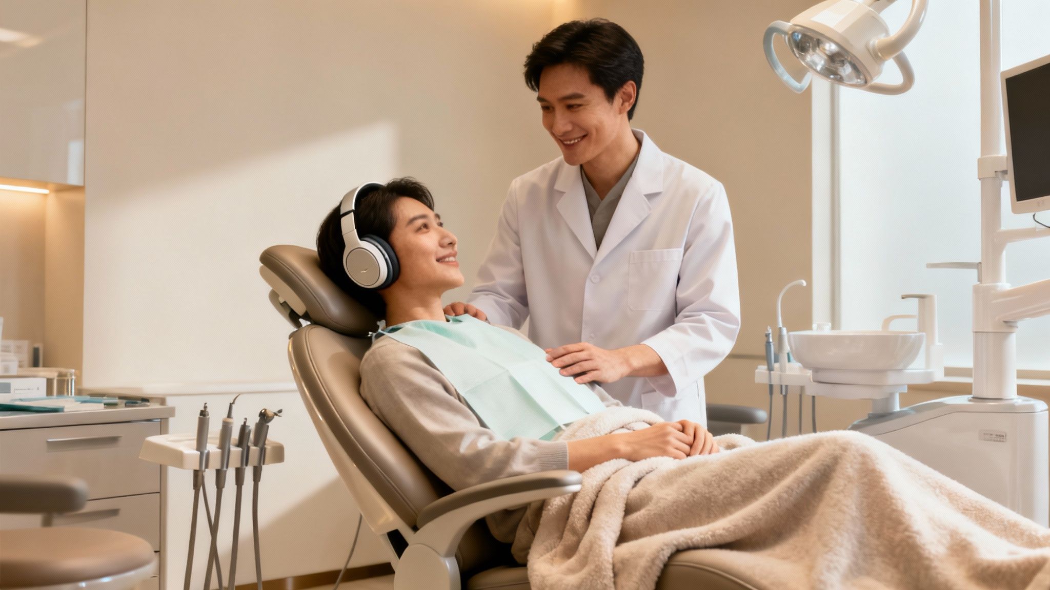 A happy patient with headphones looks at a smiling dentist in a comfortable dental chair.