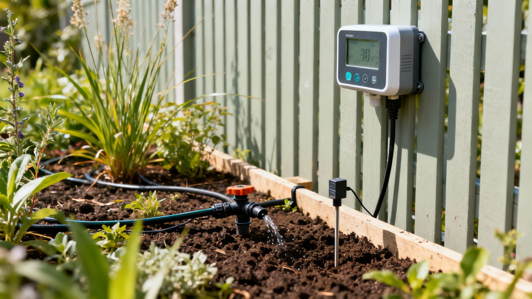 A smart irrigation controller mounted on a wall, with a hand adjusting the settings.
