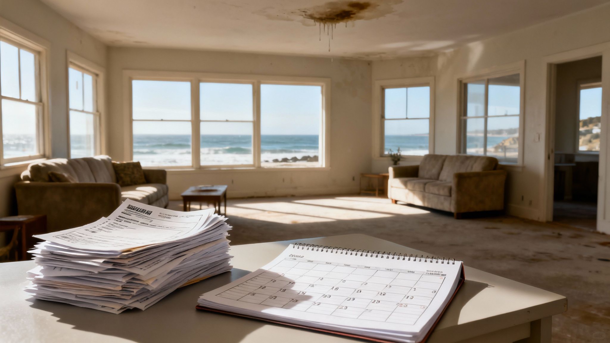 Dilapidated oceanfront room with a water-stained ceiling, stacked papers, and a calendar on a table.