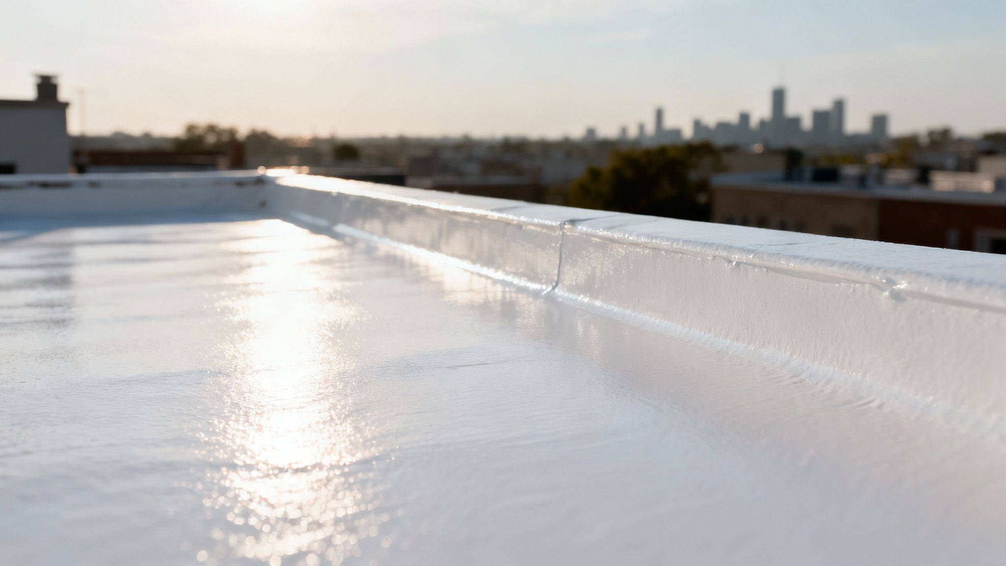 Sunlight reflects off a freshly coated white rooftop, with a blurred city skyline in the background.
