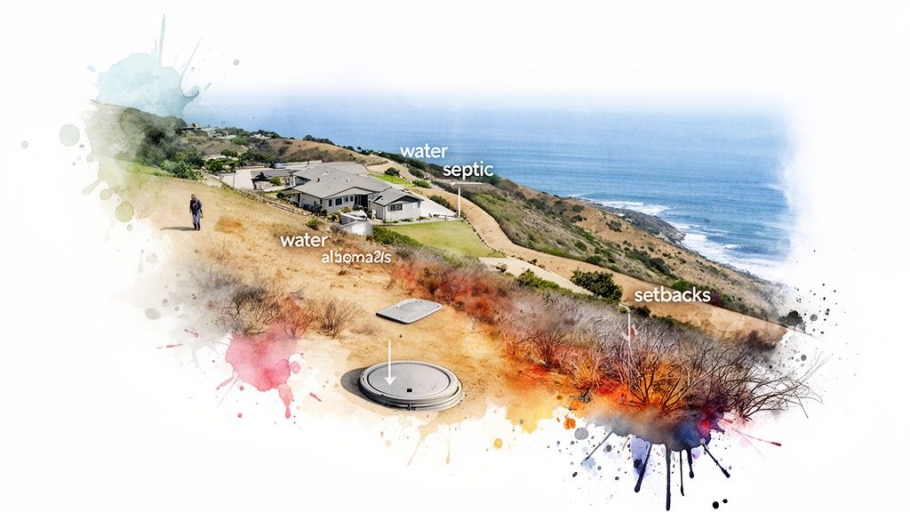 Aerial view of coastal homes, ocean, and an illustrated septic system on a hillside.
