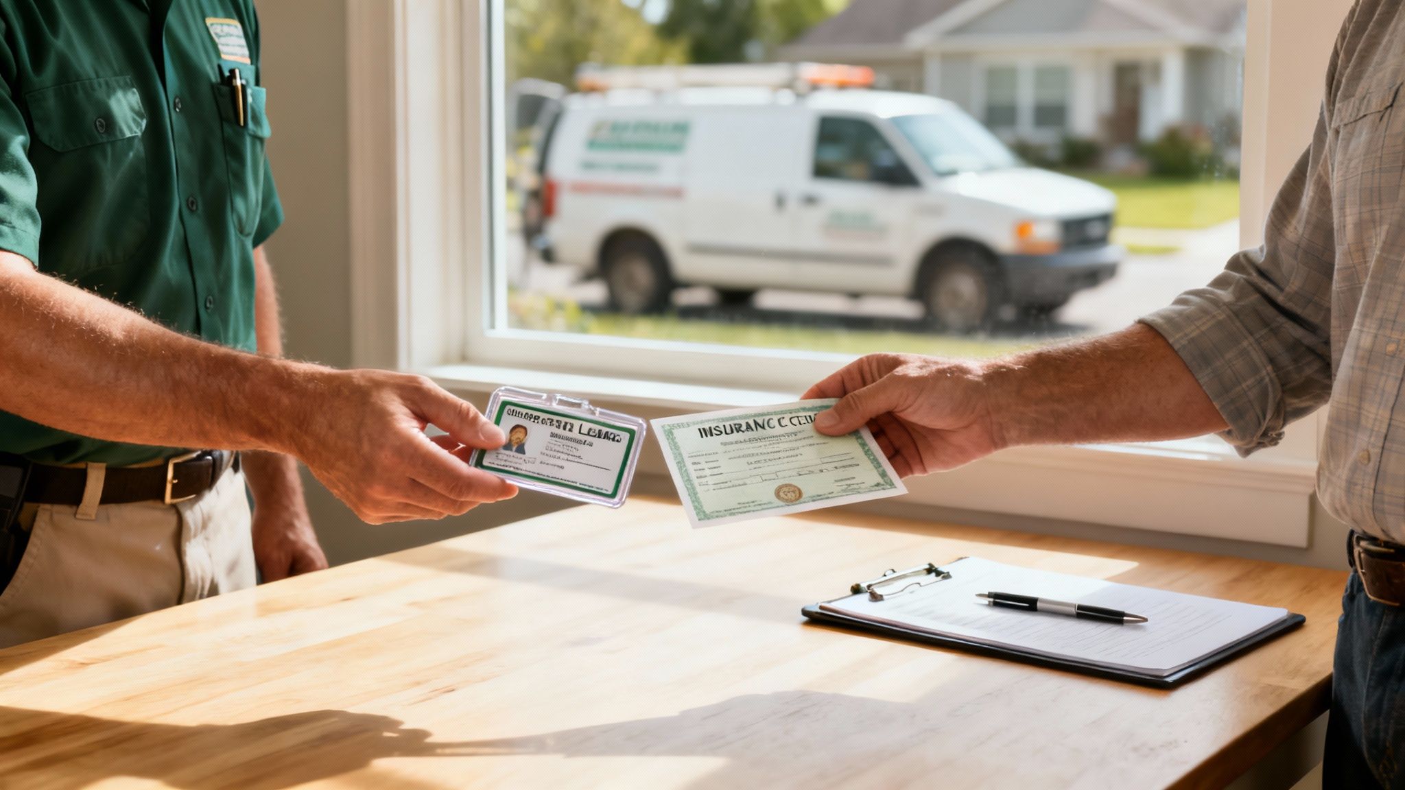 A service technician and homeowner exchange an ID badge and an insurance certificate during a home visit.
