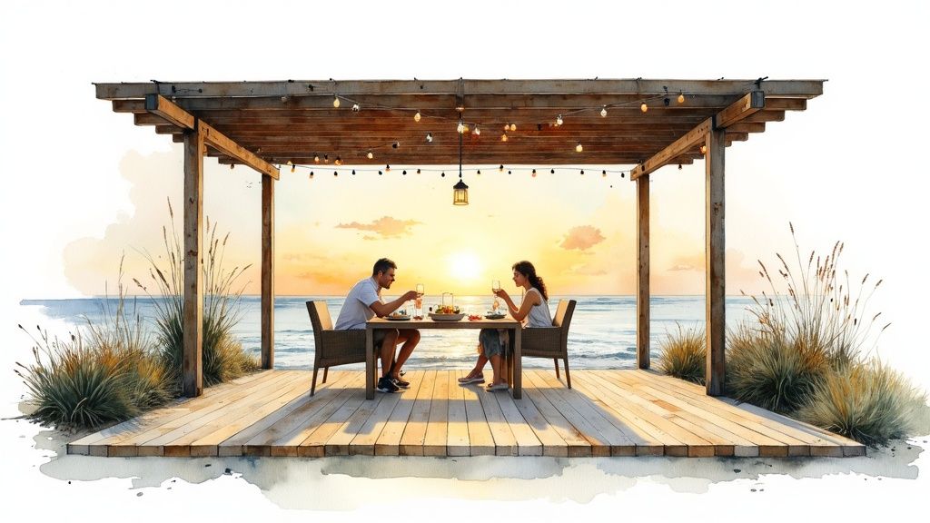 Watercolor painting of a couple having a romantic sunset dinner on a wooden deck by the ocean.