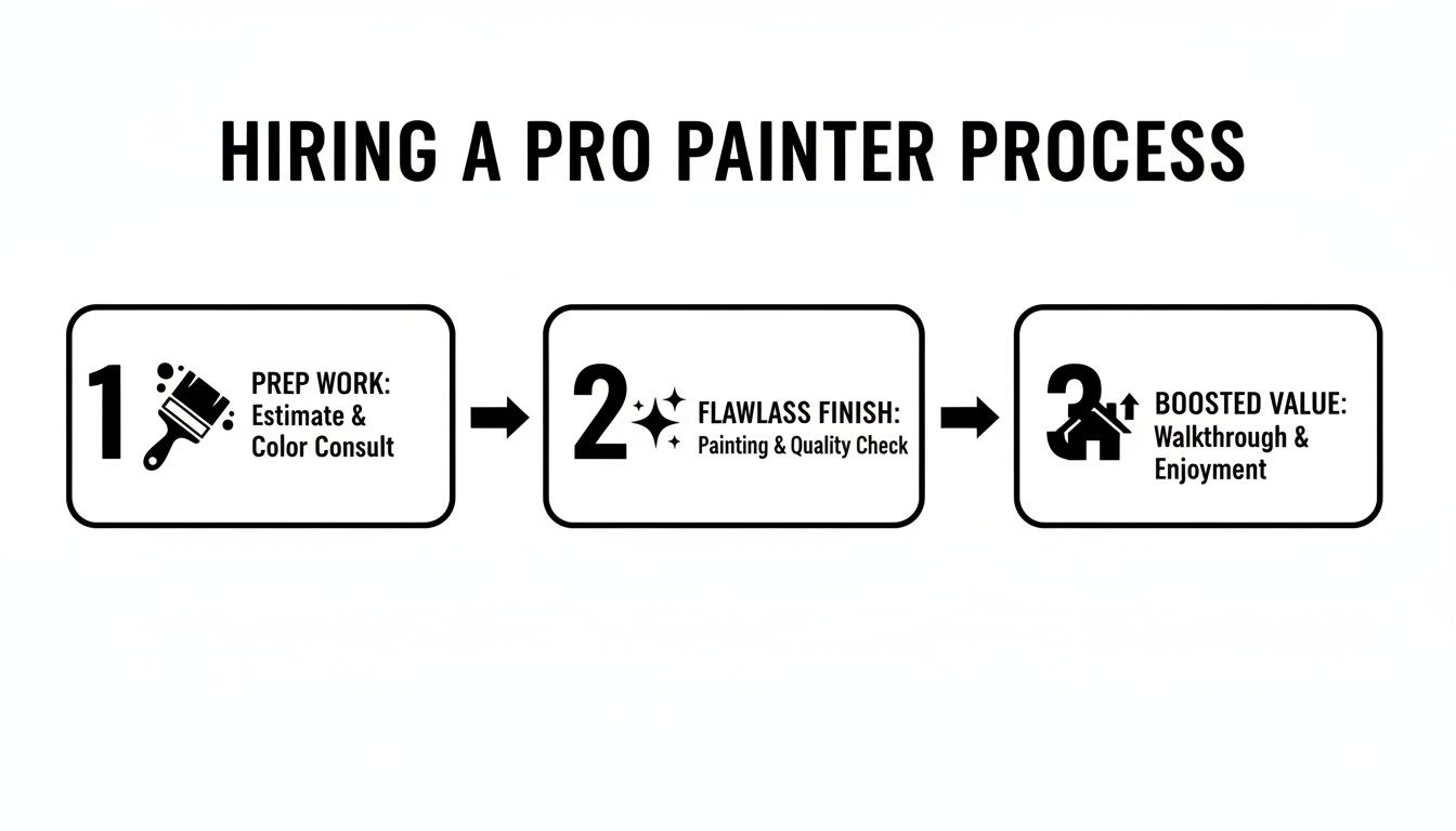 Infographic showing a three-step process for hiring a professional painter, from prep work to boosted value.