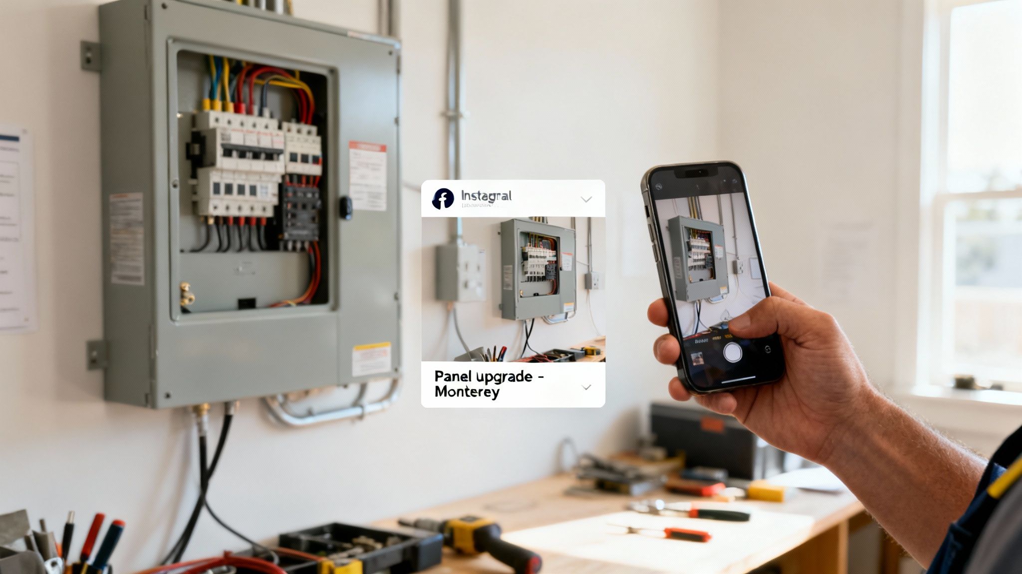 A person photographs an open electrical panel with a smartphone, showing a social media post overlay.