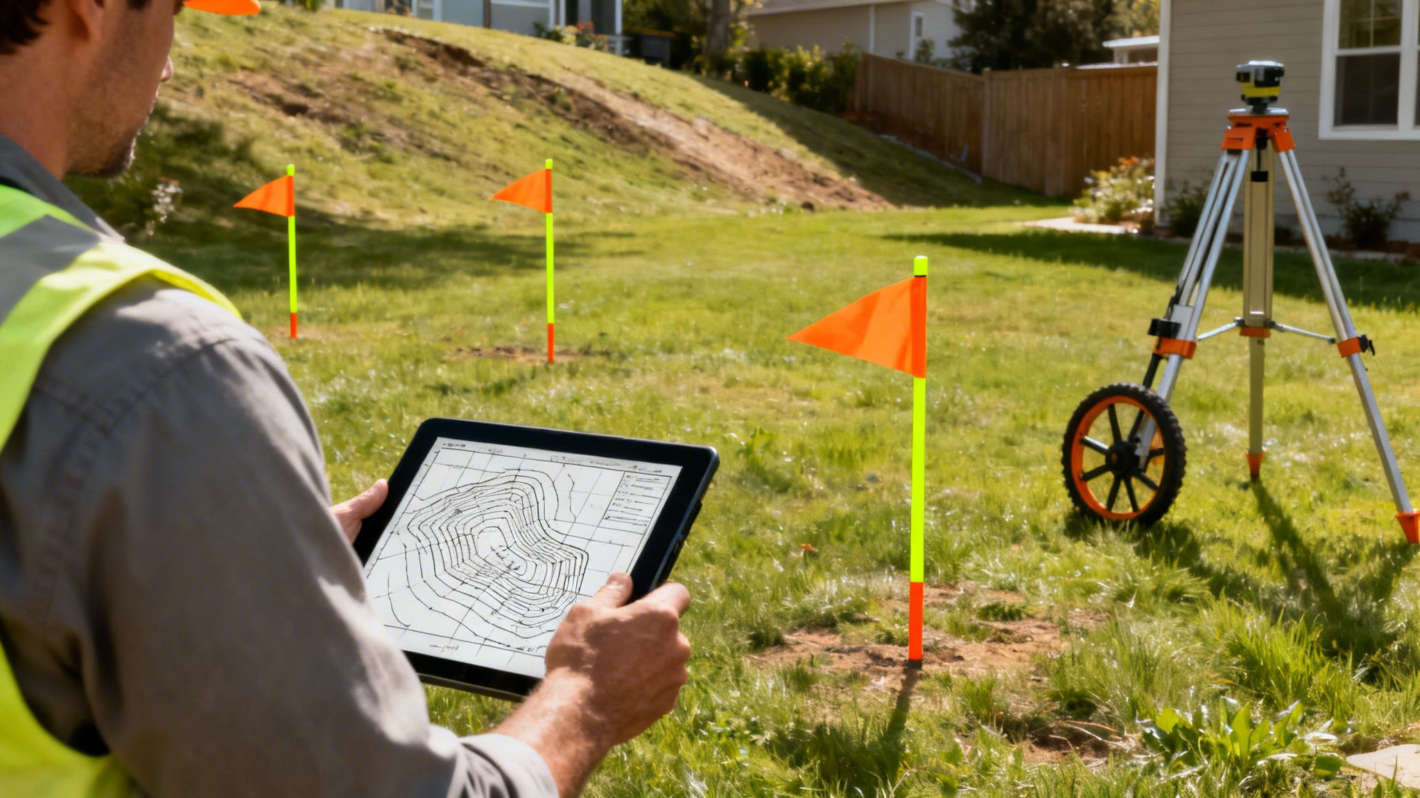 A surveyor holds a tablet with a topographic map, standing in a grassy yard with orange flags and surveying equipment.
