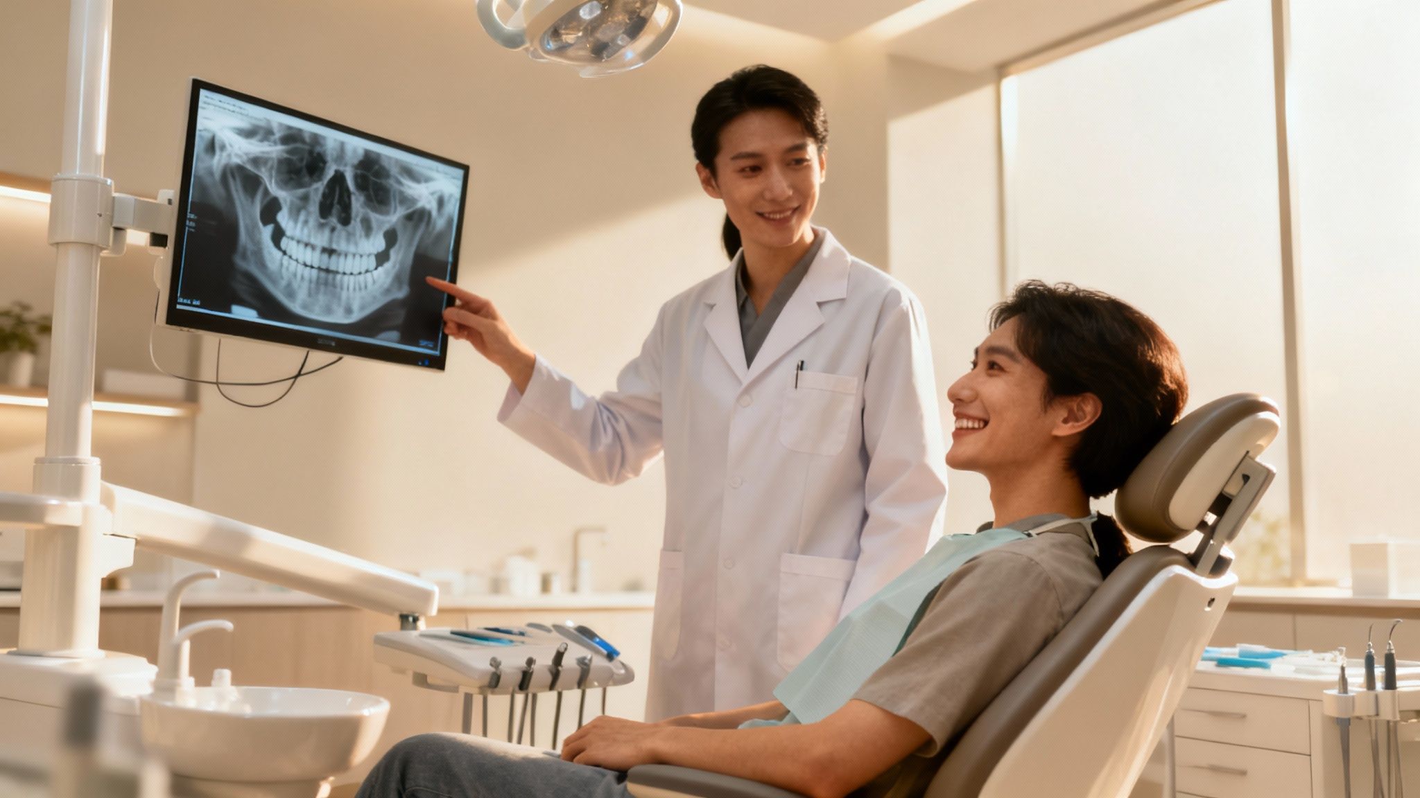 A friendly dentist discusses a treatment plan with a smiling patient in a modern dental office.