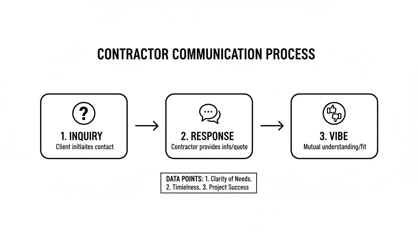 Diagram showing the contractor communication process with steps: Inquiry, Response, and Vibe for project success.