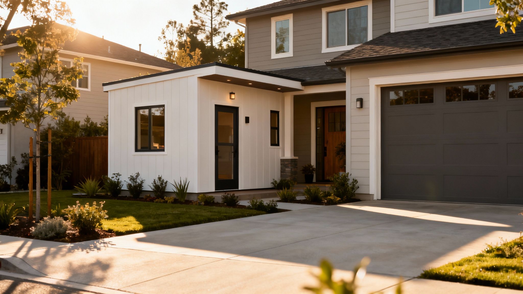 A modern gray and white house with an attached ADU, a dark gray garage, and landscaped yard under golden hour sunlight.