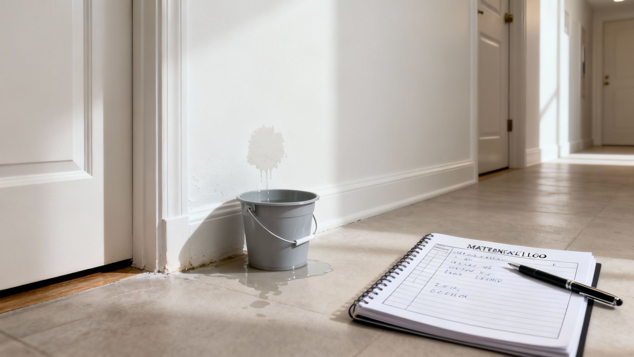 A significant water leak on a white wall, with a bucket collecting drips and water spilled on the floor, alongside a notebook and pen.