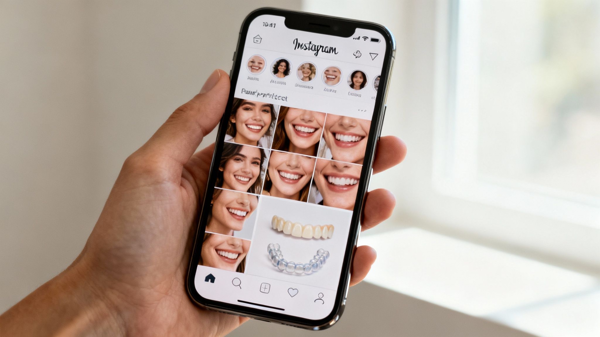 Hand holding smartphone displaying Instagram profile with dental cosmetic treatment photos and smiling faces