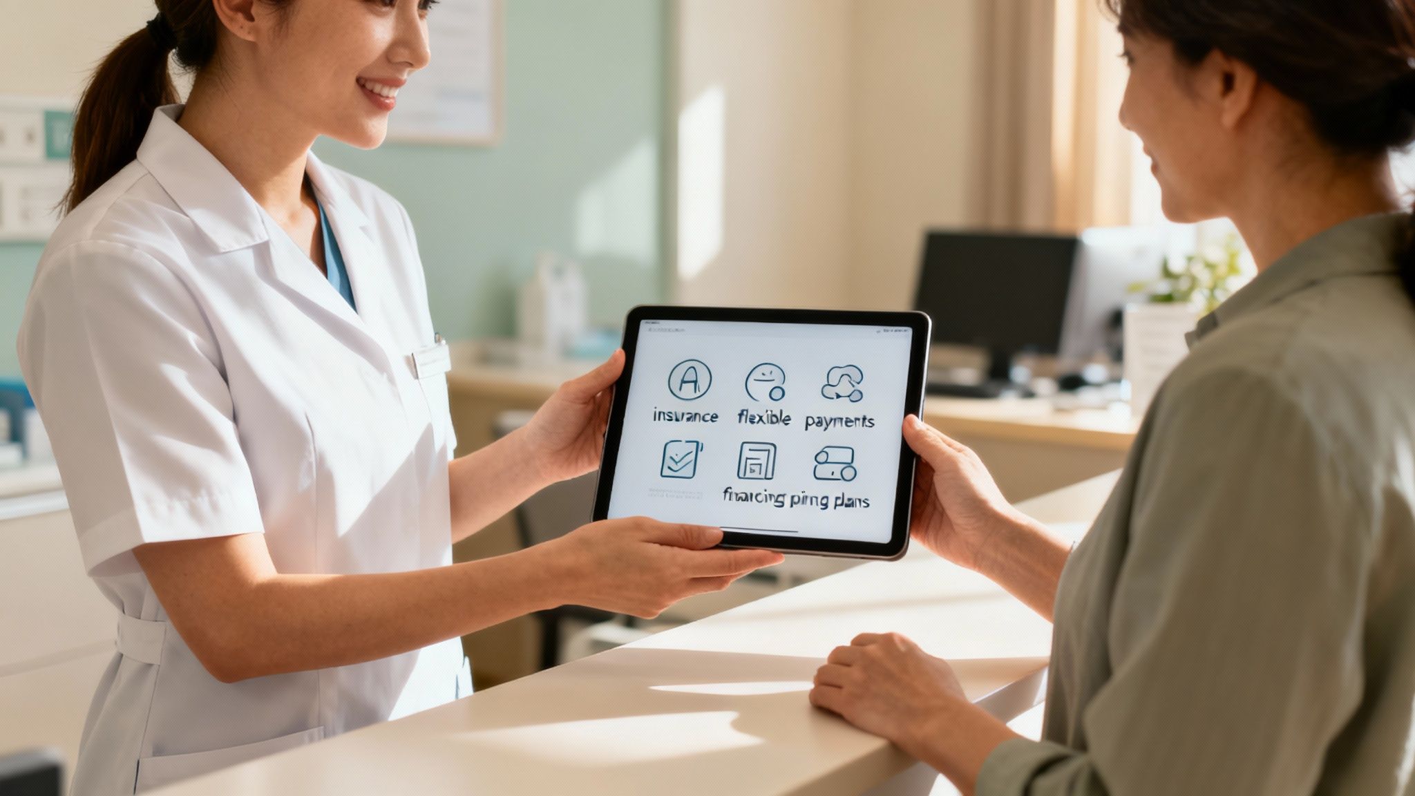 A smiling healthcare professional shows a patient payment options like insurance and financing on a tablet.