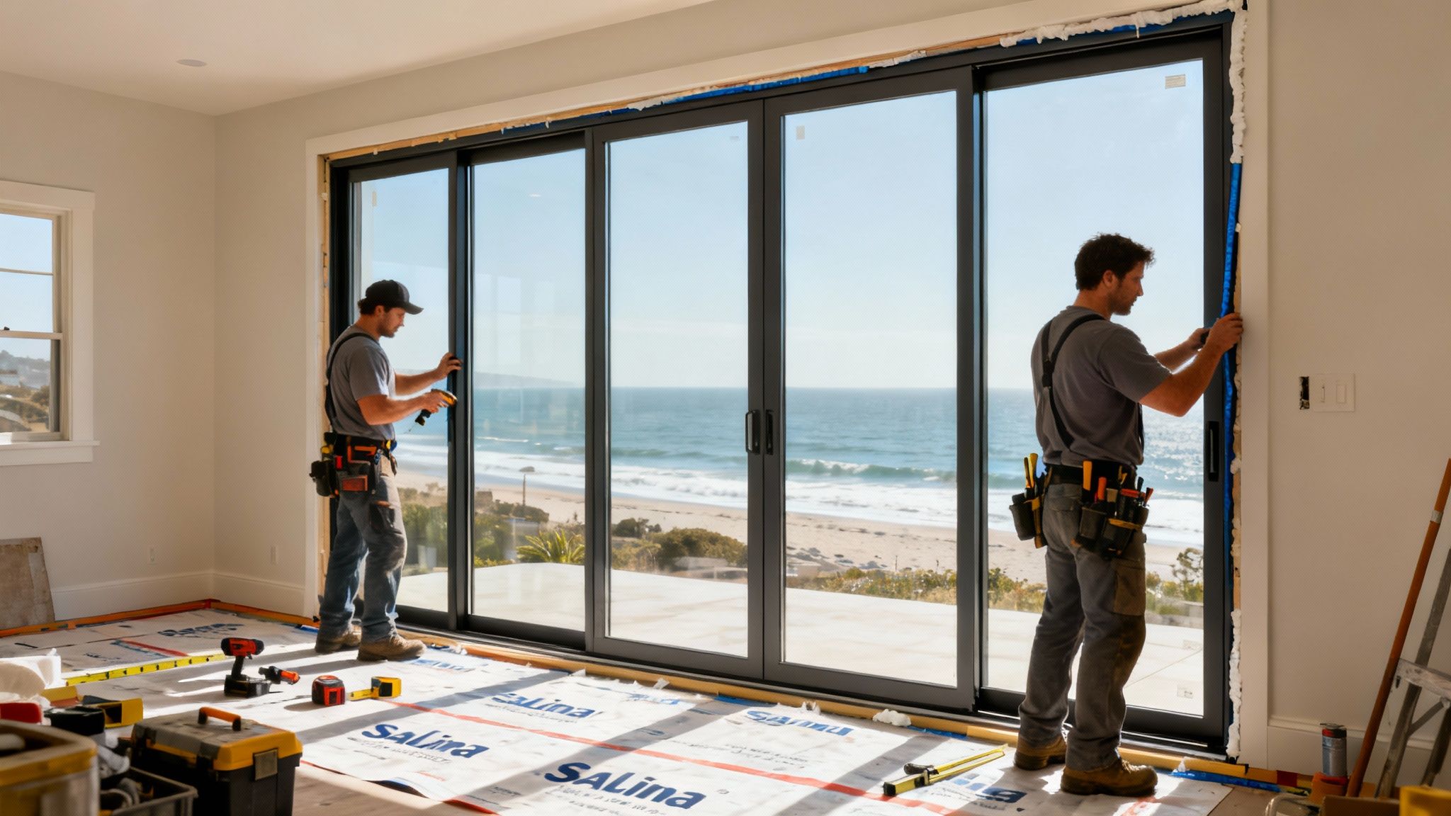 A professional installer carefully fitting a large glass sliding door into a home's frame.