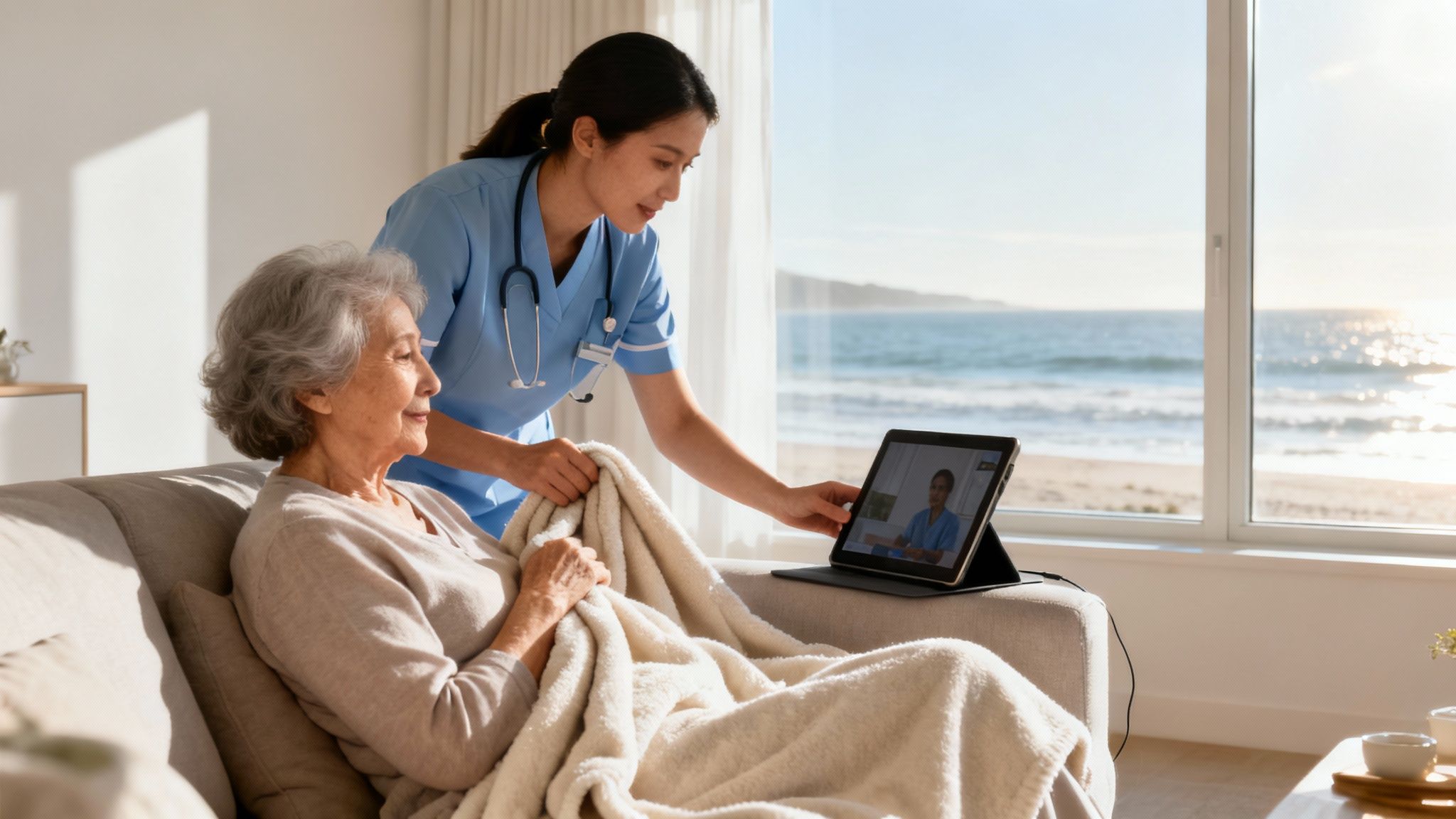 A nurse helps an elderly woman on a sofa view a telehealth call on a tablet, with an ocean view.