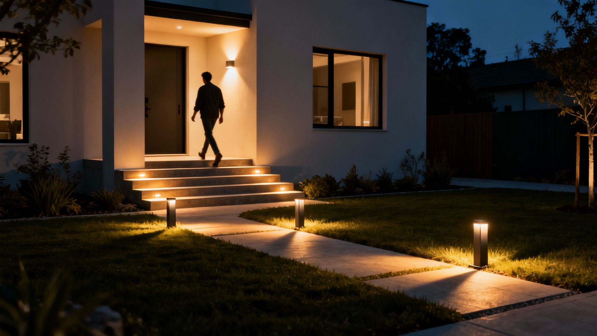 Modern house exterior at night with illuminated steps and path, a person descends.