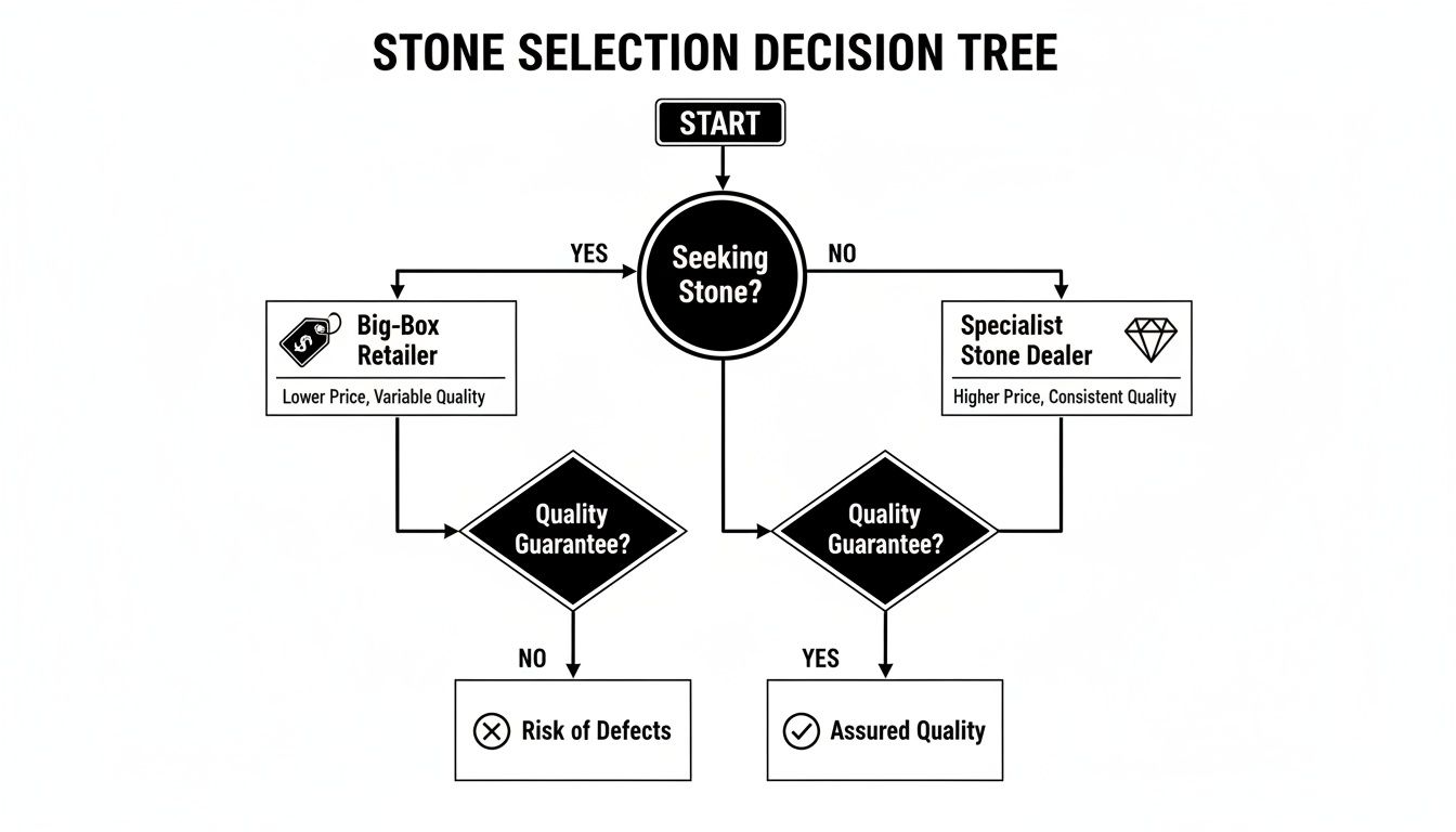 A decision tree flowchart for stone selection, detailing paths for big-box retailers versus specialist stone dealers.