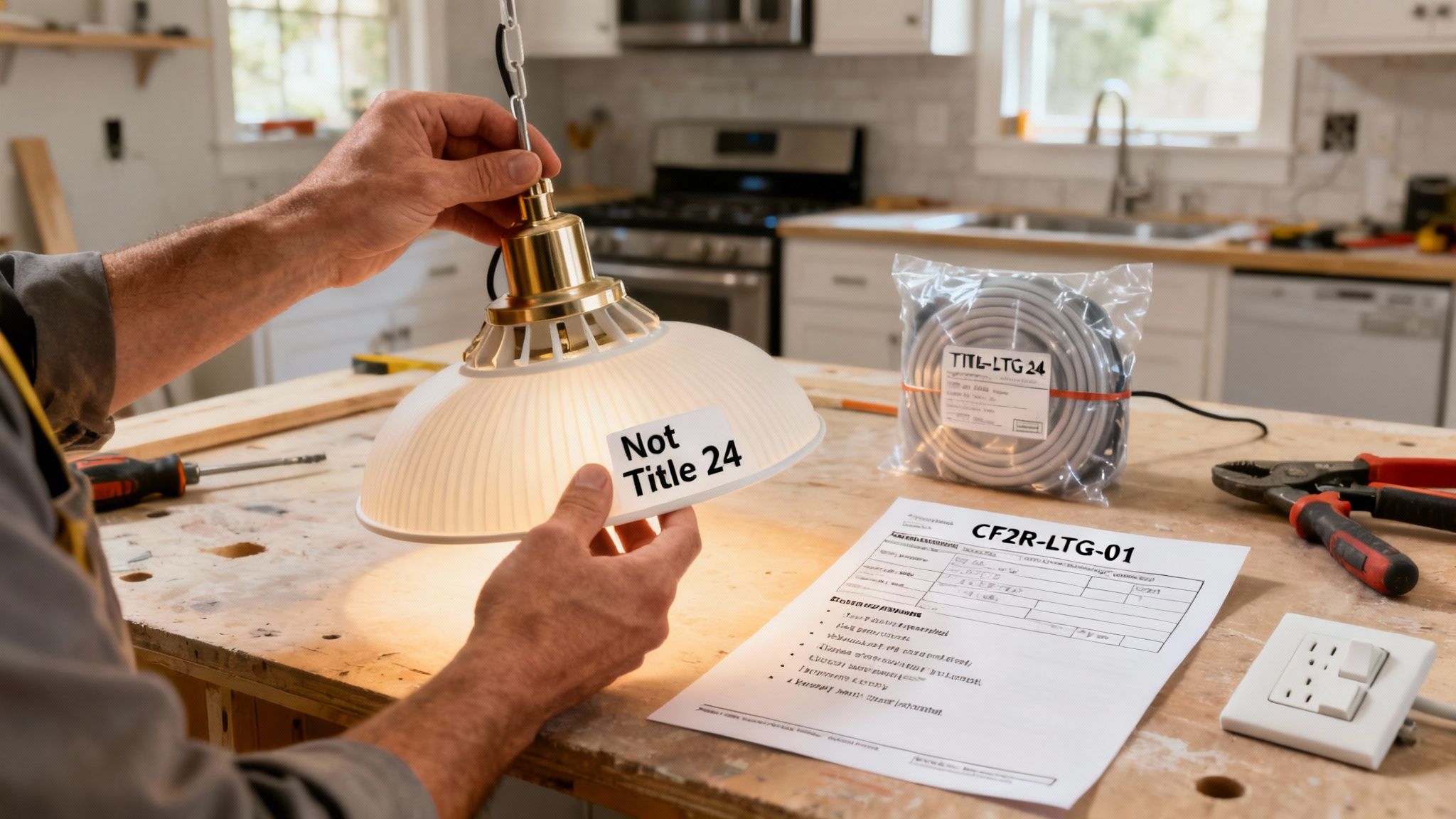 Hands installing a light fixture with a 'Not Title 24' sticker, surrounded by electrical tools.