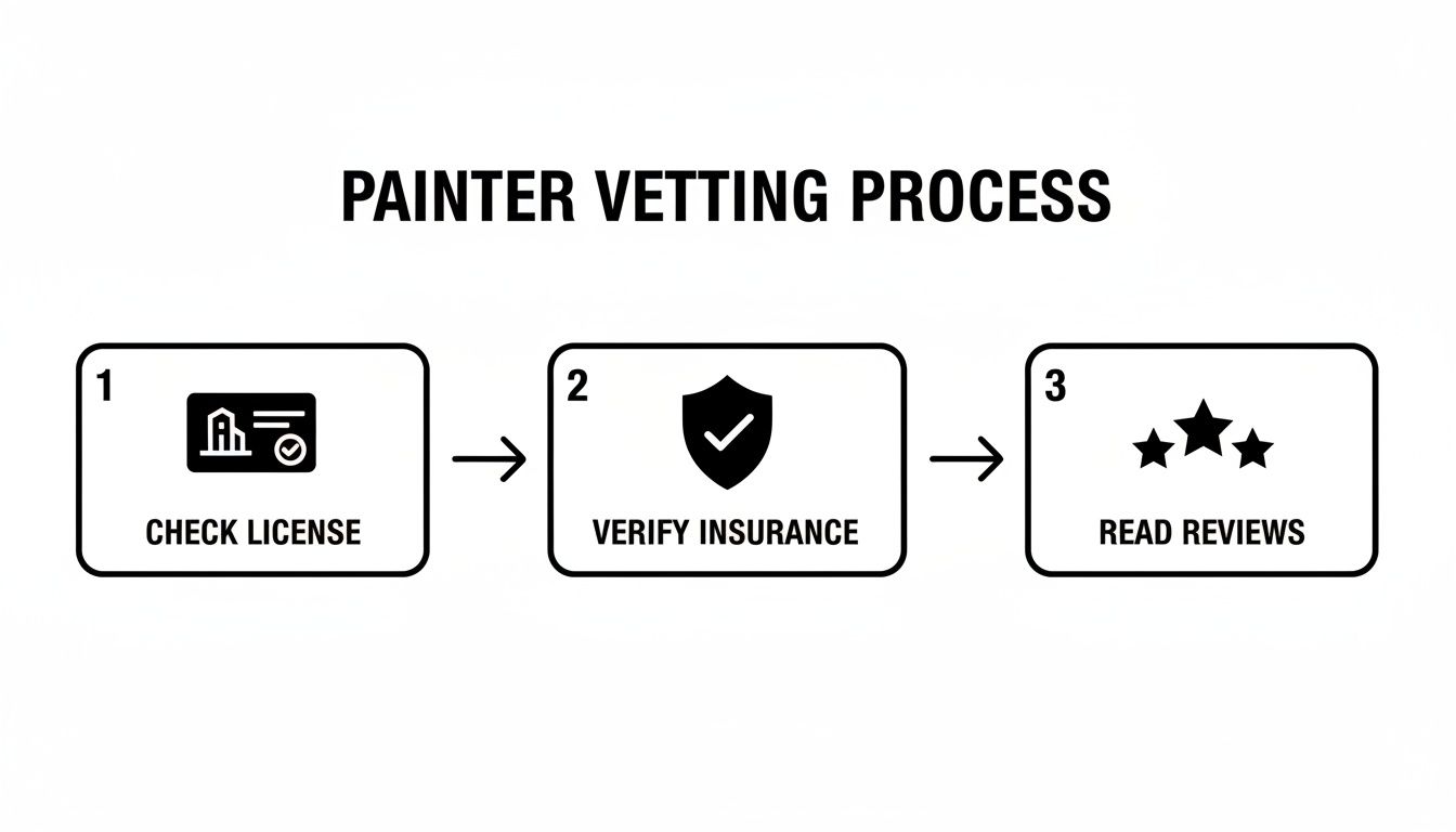 A three-step painter vetting process diagram showing icons and text for checking license, verifying insurance, and reading reviews.