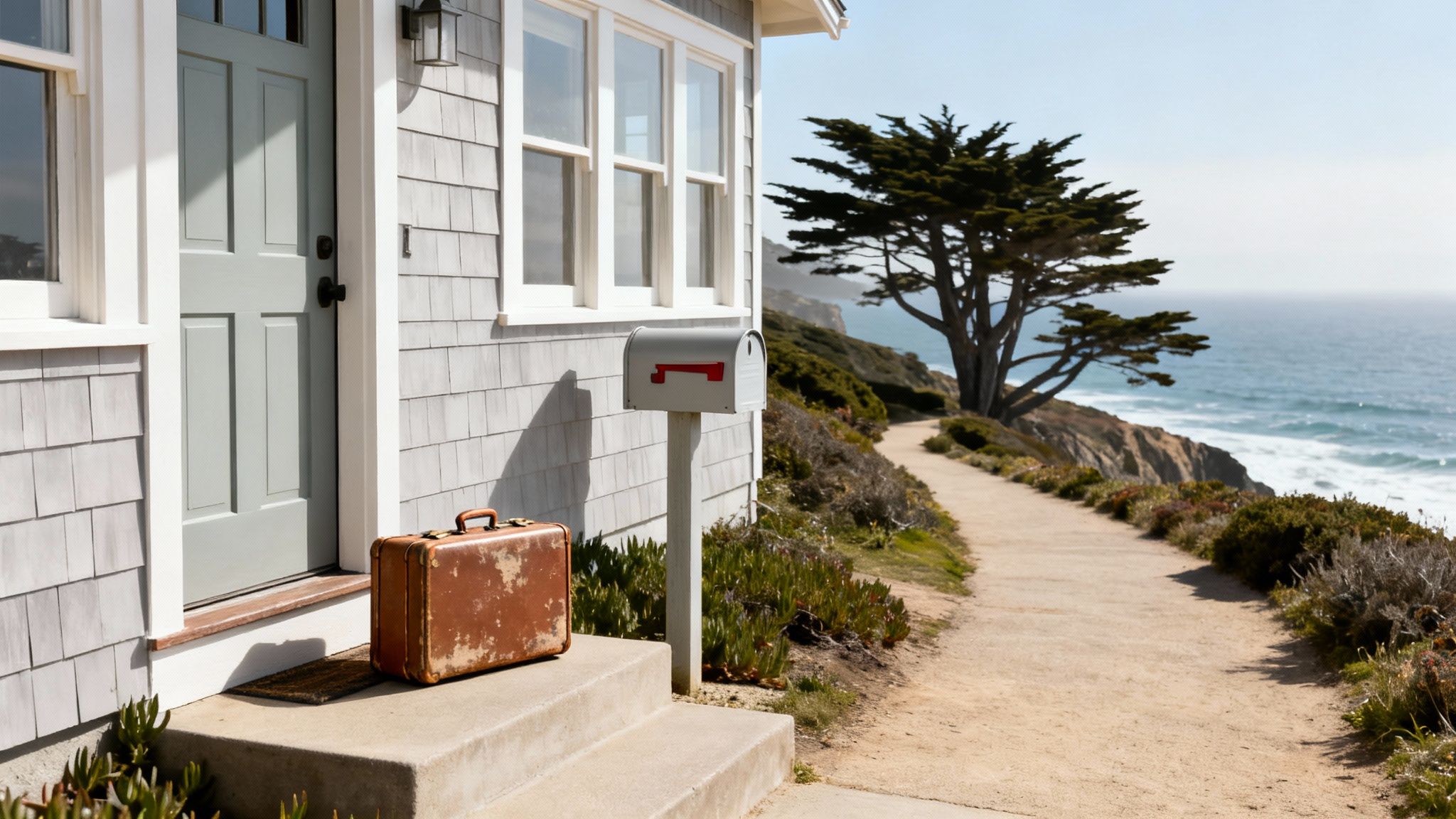 A vintage suitcase rests on a coastal home's steps with an ocean view.