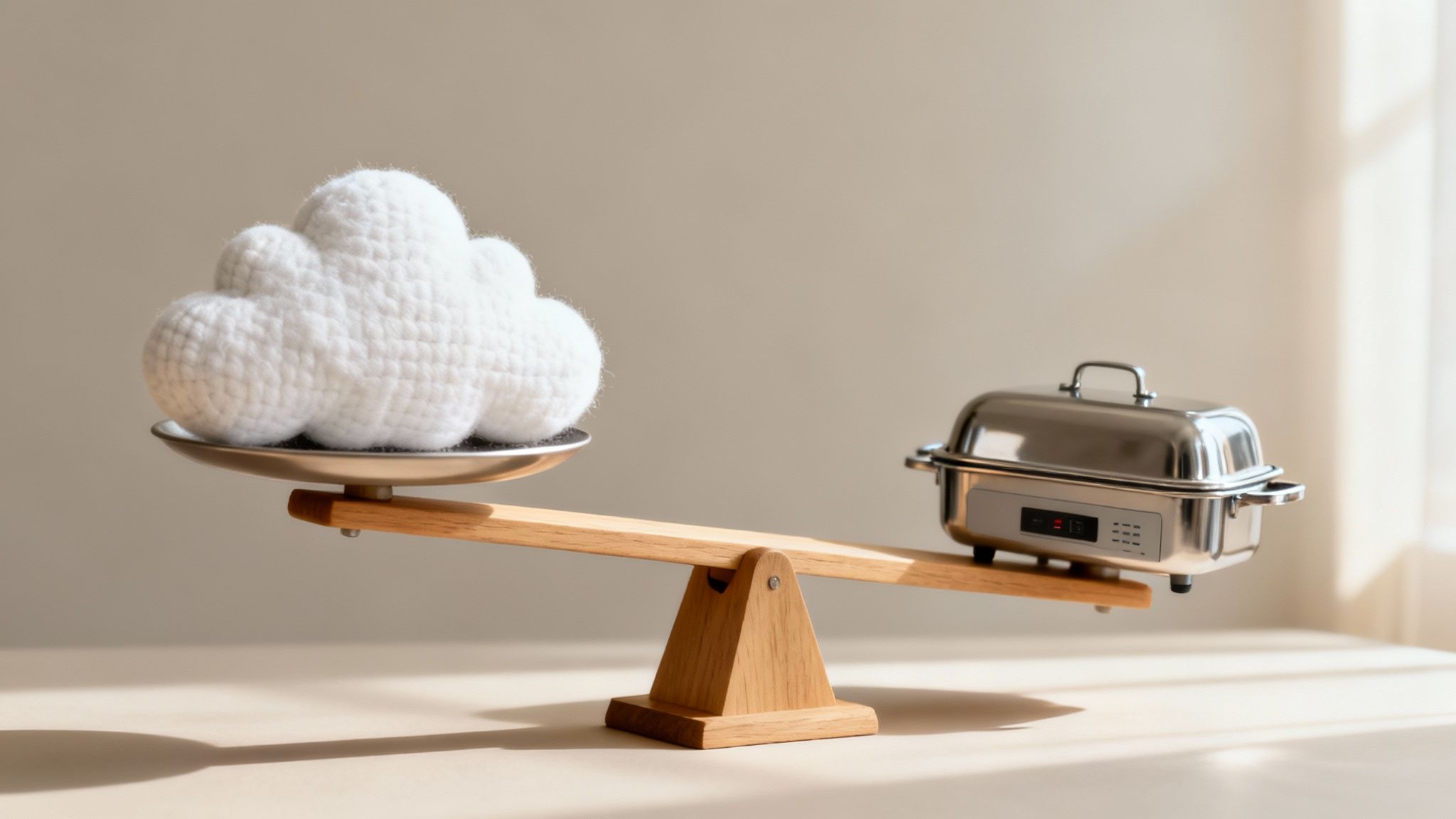 A white crocheted cloud on a scale balances a shiny silver server-like appliance.