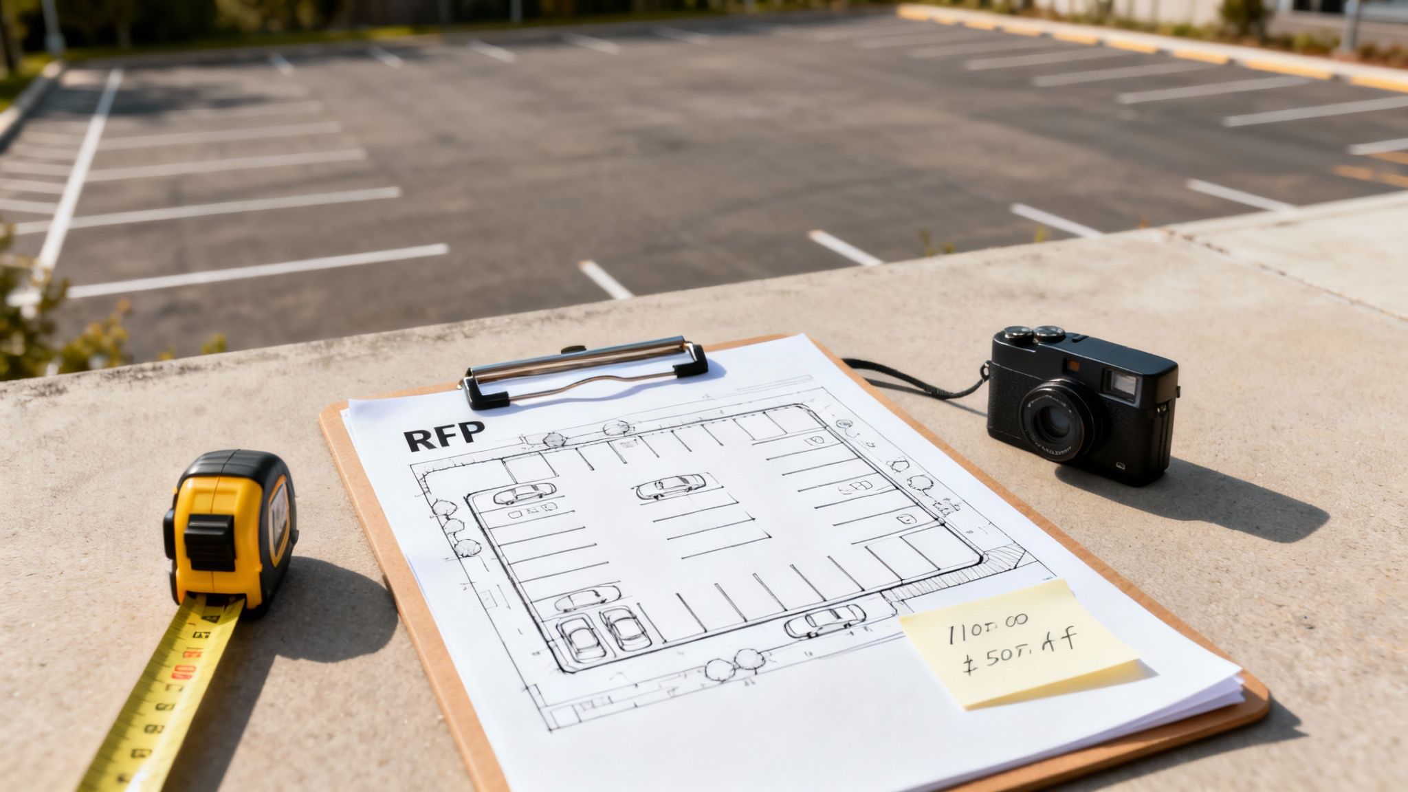 A clipboard with a parking lot plan, tape measure, and camera on concrete, overlooking an empty parking lot.