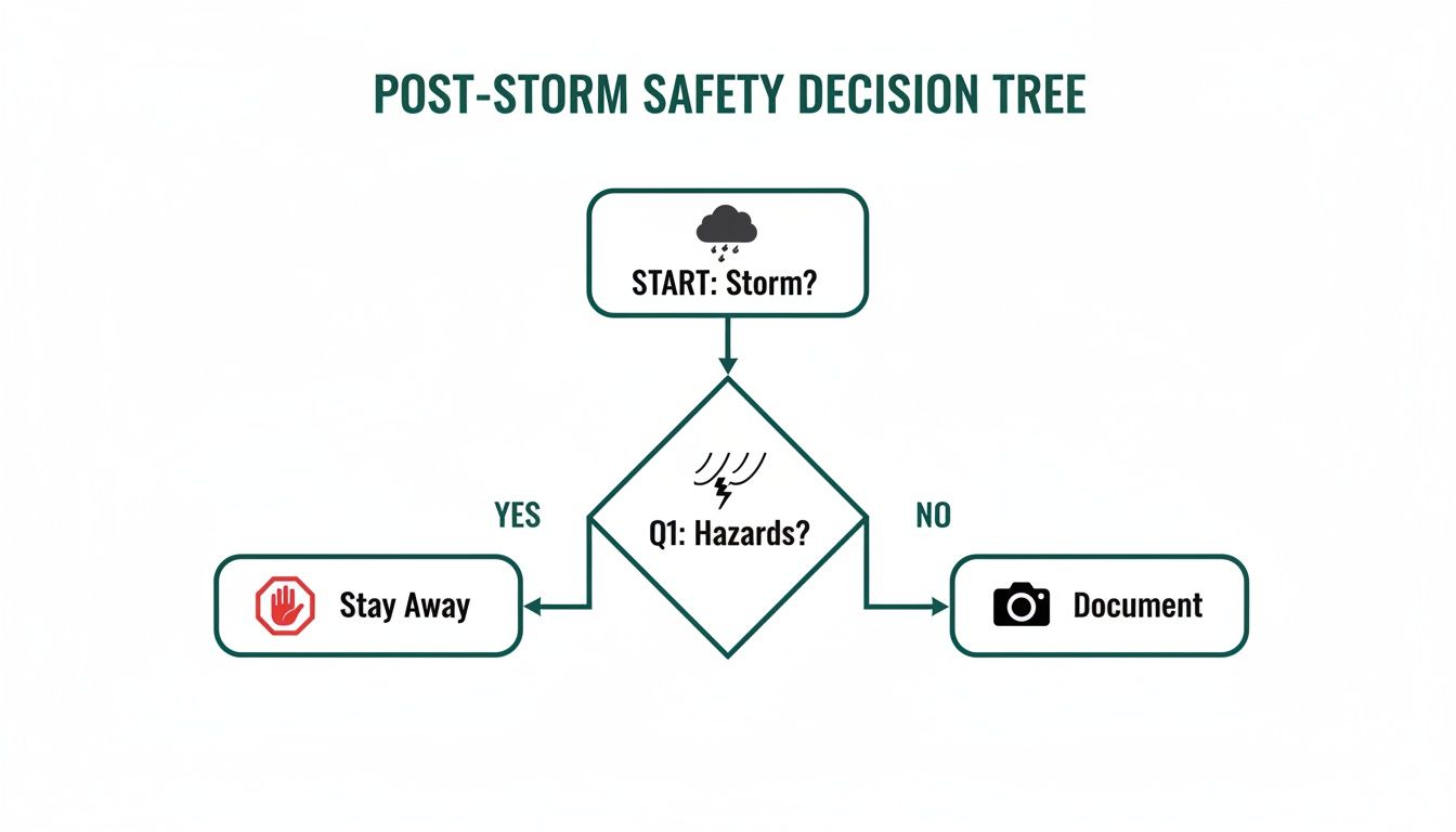 Post-storm safety decision tree flowchart showing steps for assessing hazards and appropriate actions like staying away or documenting.