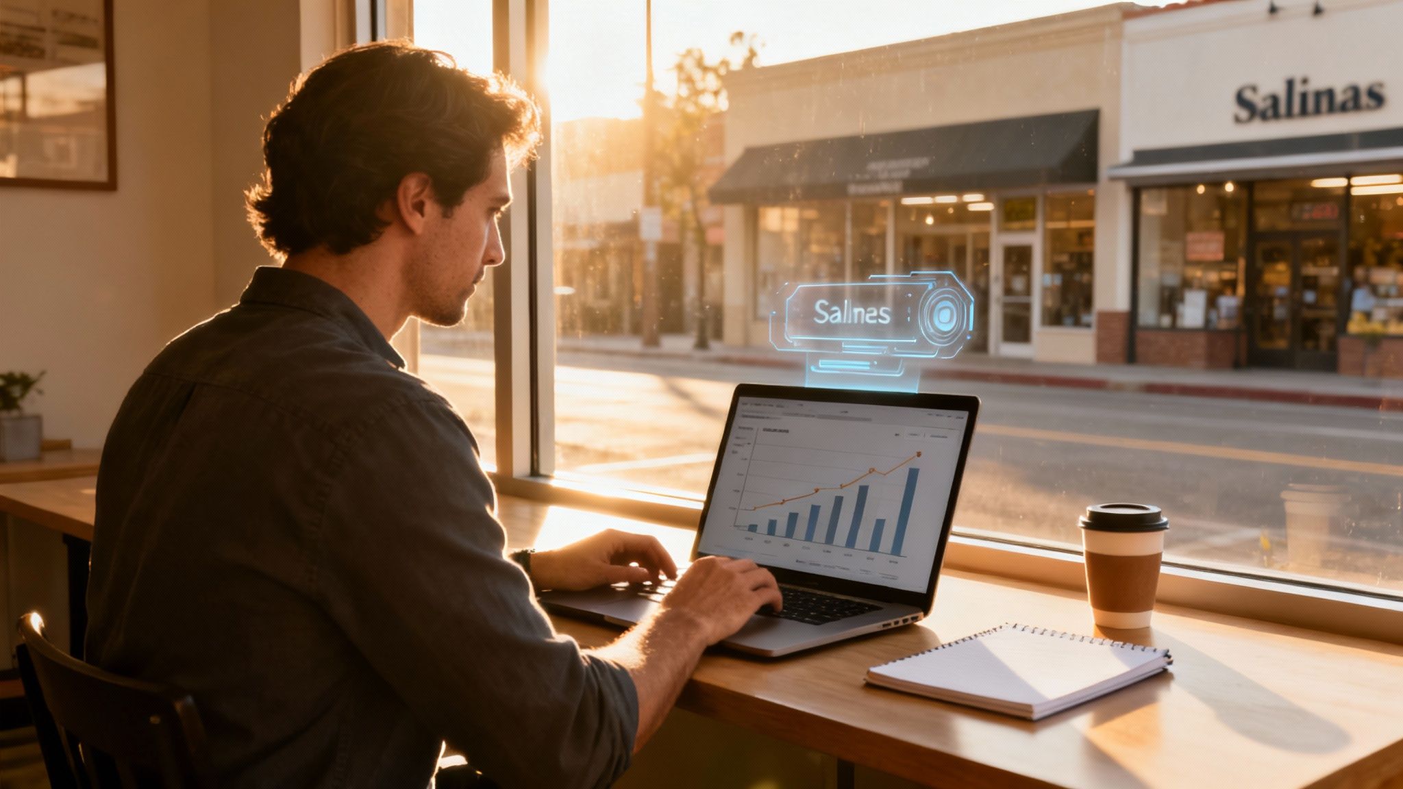 A man works on a laptop by a cafe window, with a holographic display and sunny street view.