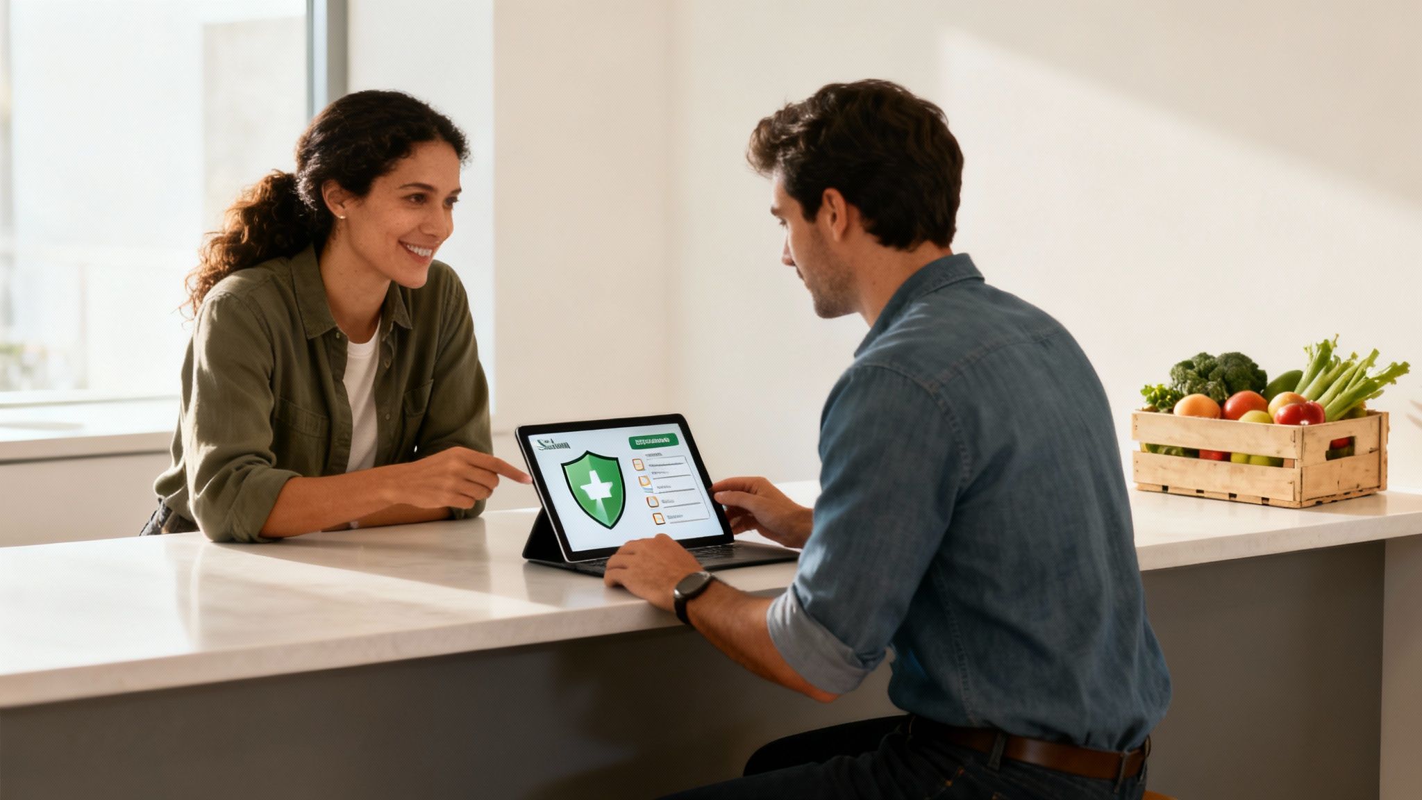 Two people discuss digital security on a tablet displaying a shield icon, near fresh produce.