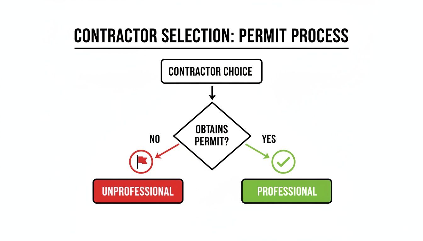Flowchart illustrating contractor selection based on whether they obtain permits, categorizing them as professional or unprofessional.