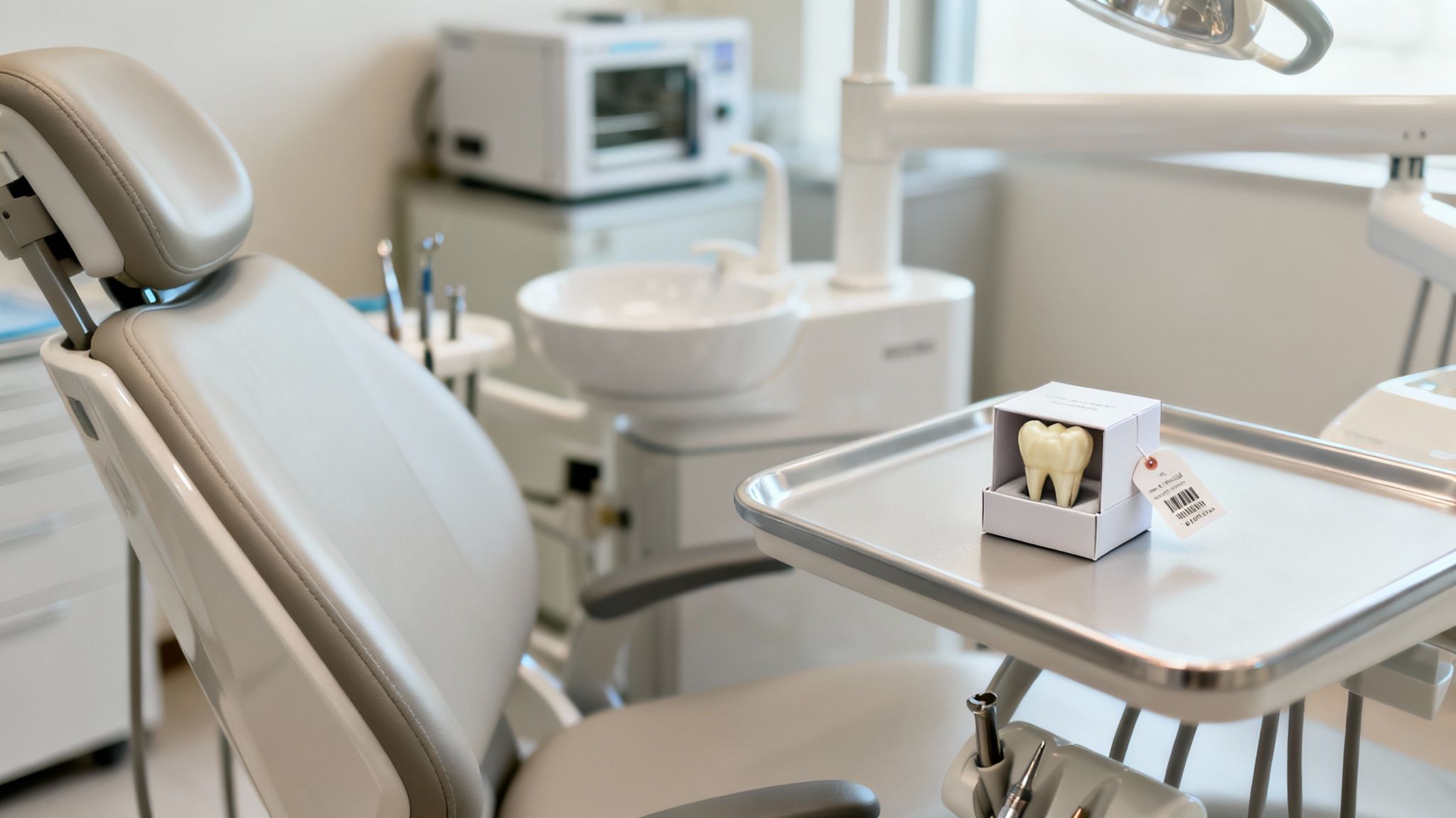 A clean, modern dental office with a chair, equipment, and a model tooth on a tray.