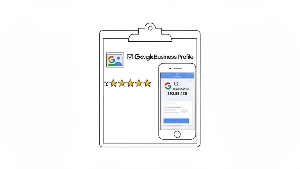 A graphic showing Google Business Profile verified with a 5-star rating and a mobile phone displaying a business info.