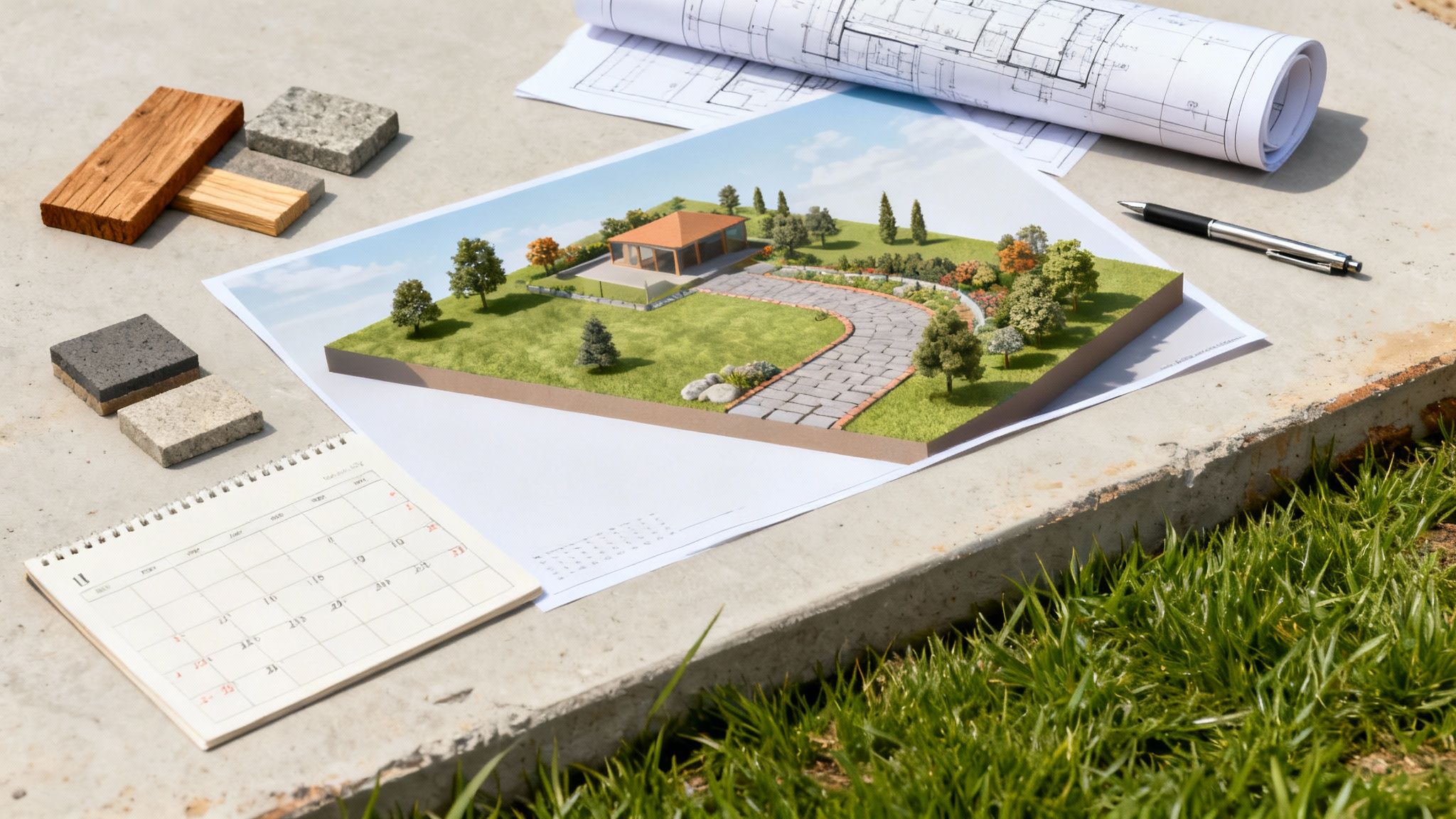 Architectural plans, material samples, a calendar, and a 3D model of a house with a garden.