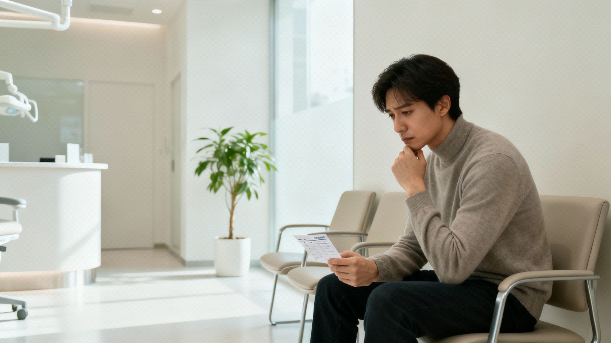 A thoughtful Asian man sits in a bright dental waiting room, looking at a document.