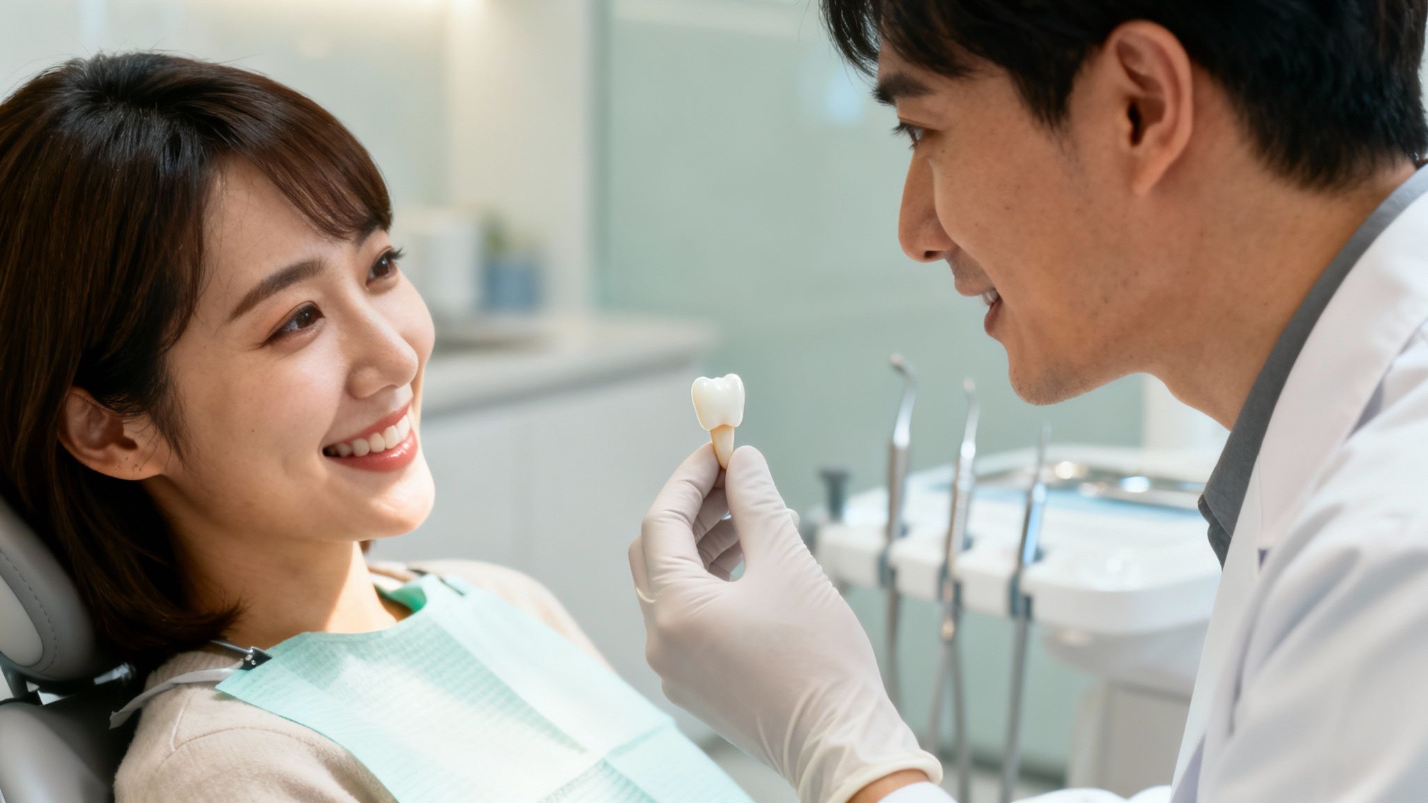A smiling female patient in a dental chair looks at a male dentist holding a tooth model.