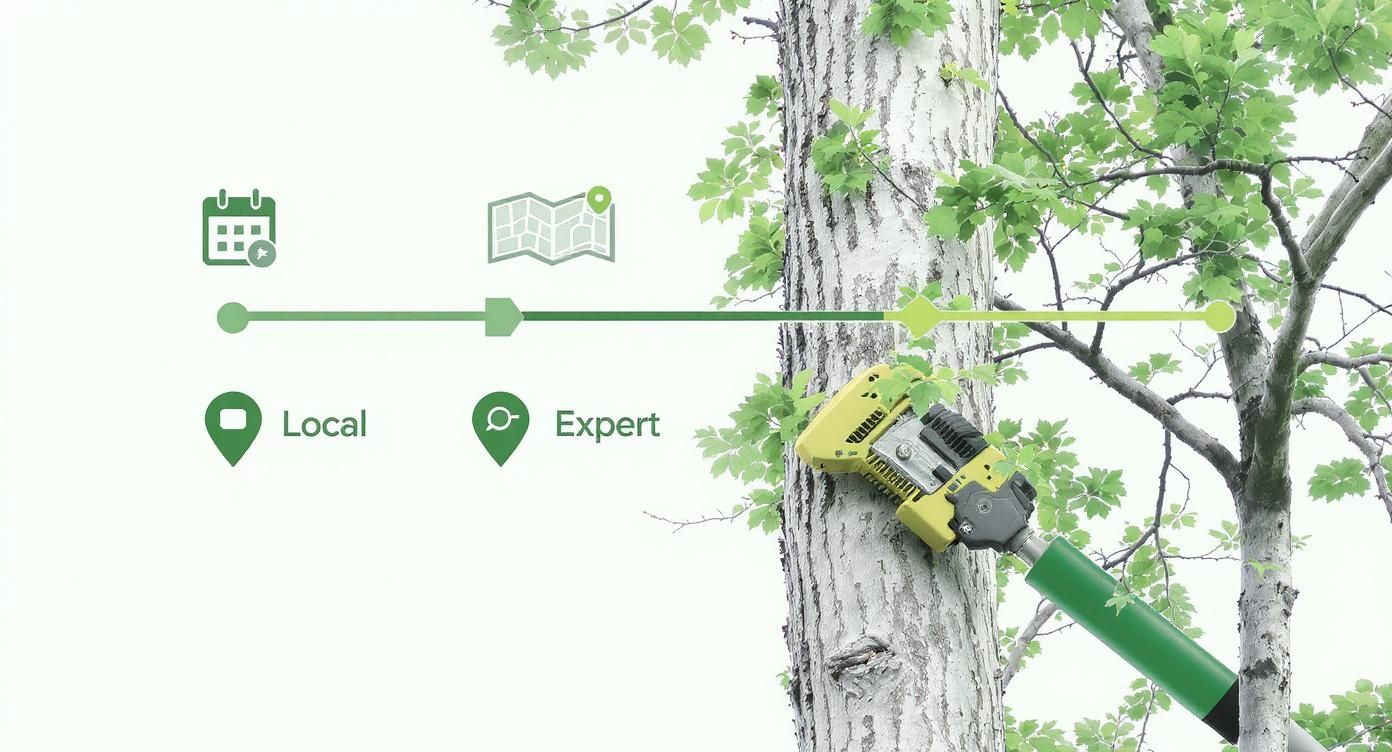 Tree trimming tool on a trunk with icons showing a process for scheduling and finding local experts.