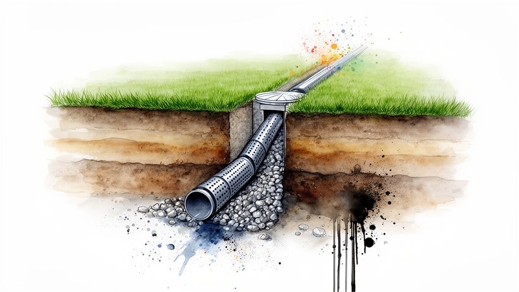Watercolor illustration of a perforated drainage pipe system installed underground with gravel and grass.