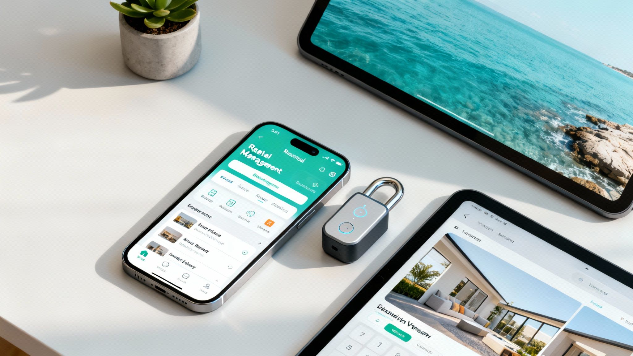 A person using a laptop and phone, representing remote property management.