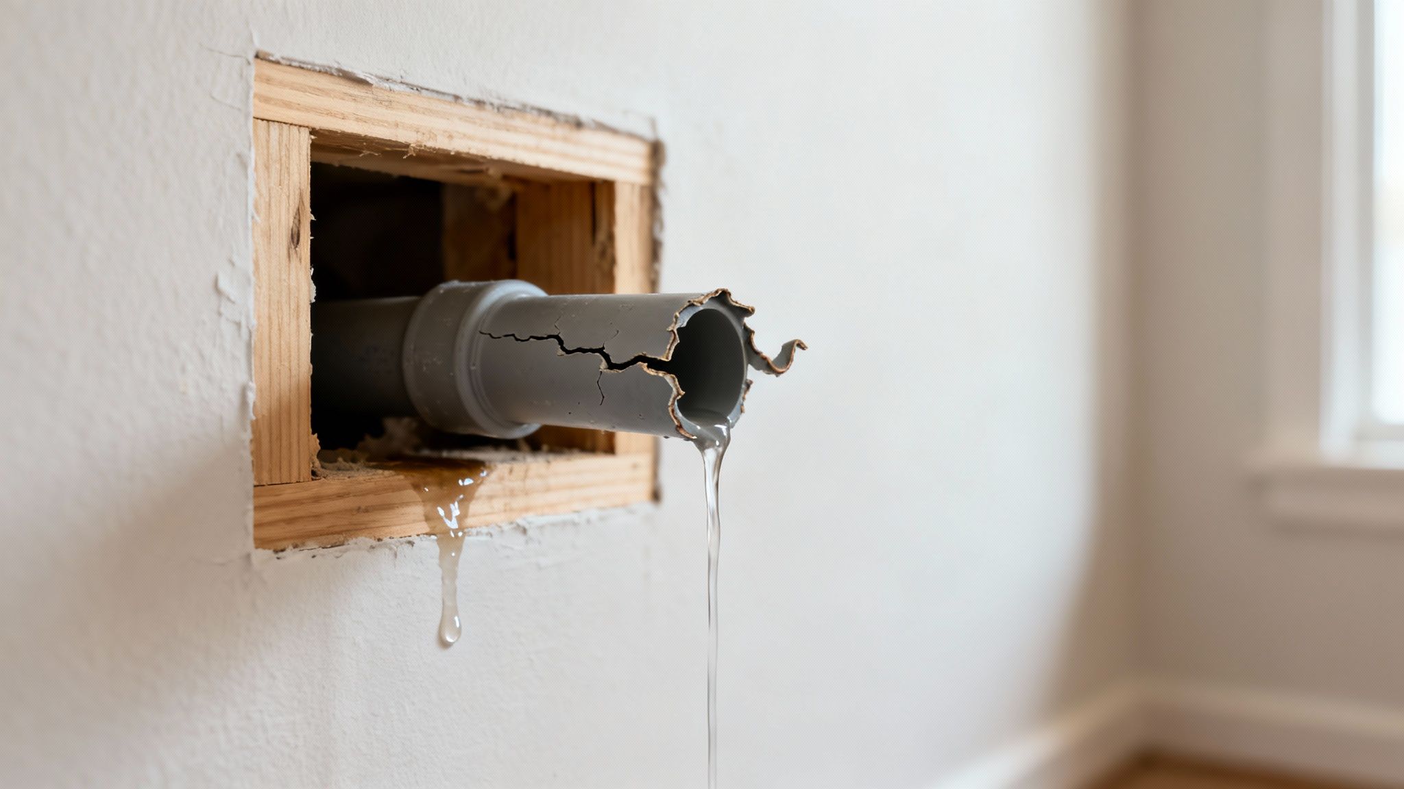 A severely cracked gray plastic pipe leaks water from a damaged wall, highlighting a plumbing issue.