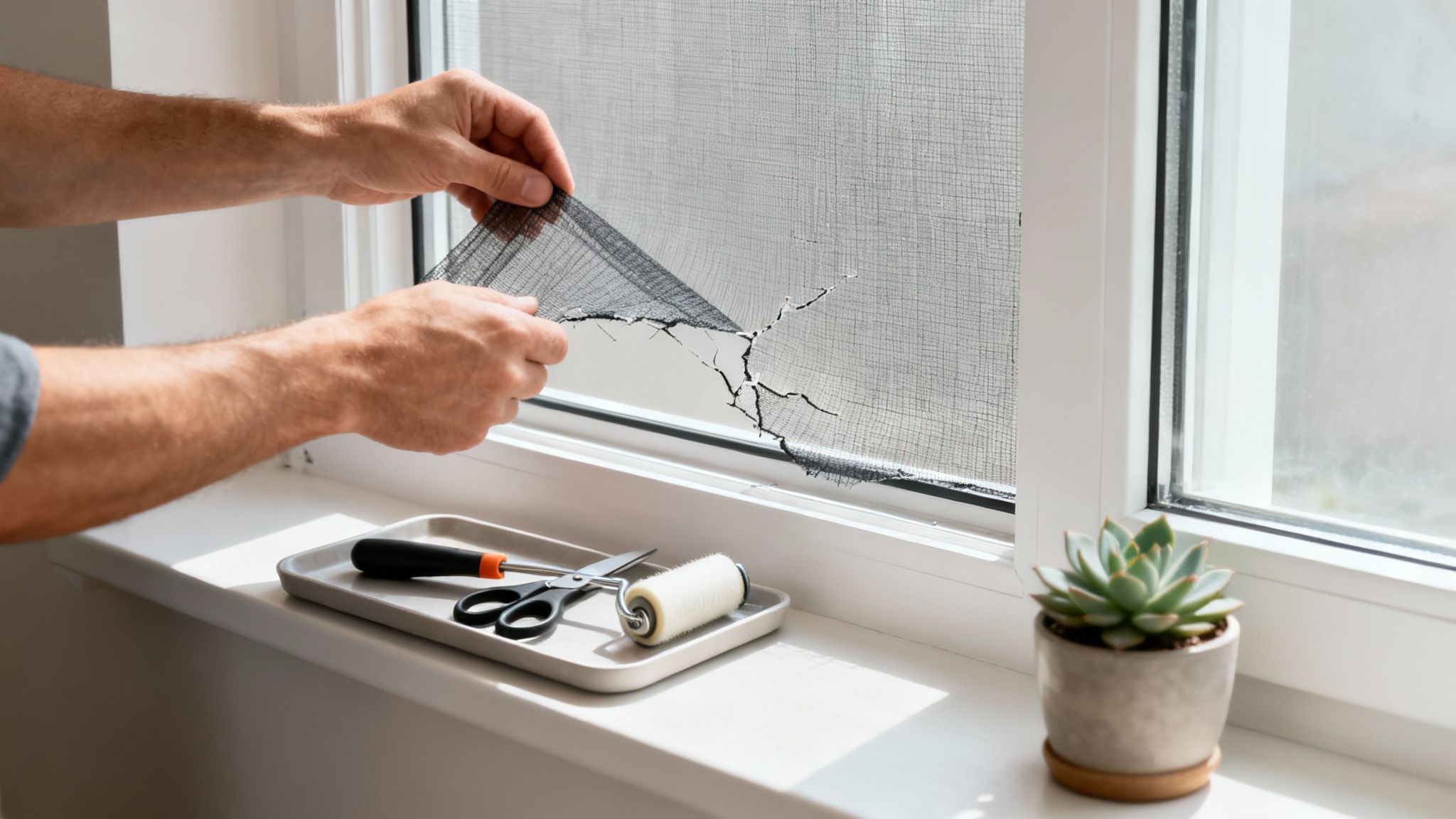 A person caulking a window to seal small drafts.
