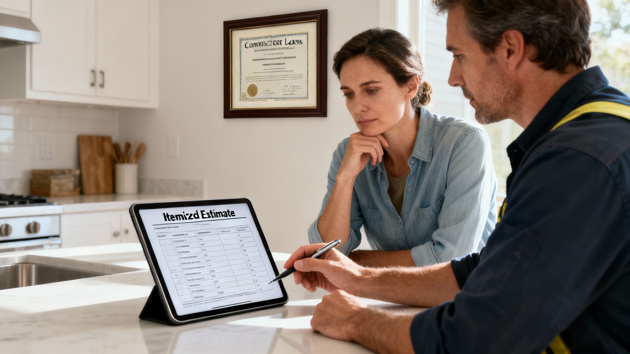 Contractor discusses an itemized estimate on a tablet with a female homeowner in a modern kitchen.