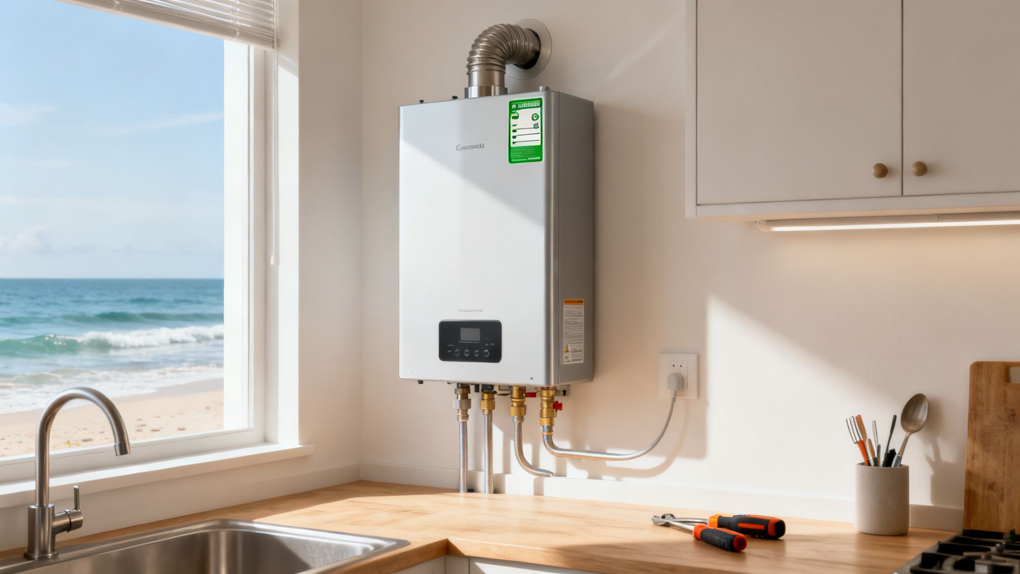 A sleek tankless water heater installed in a modern kitchen with an ocean view and wooden countertops.